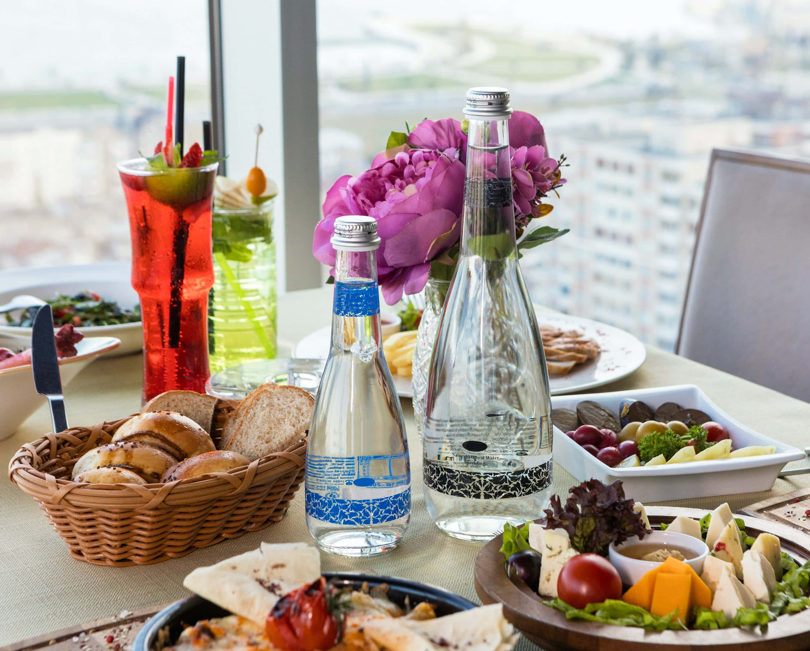 brunch spread, colorful drinks, bread, 2K Desktop Wallpaper