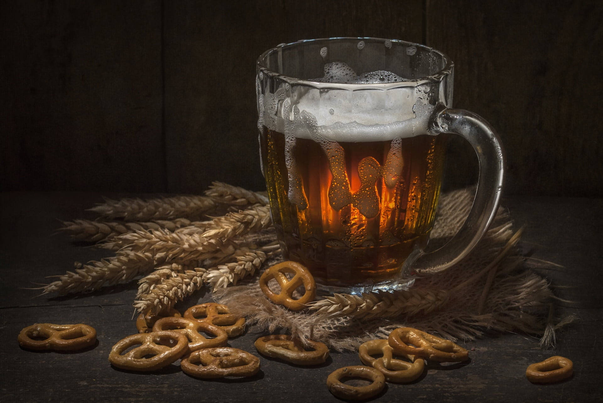 amber beer, golden pretzels, wheat stalks, Full HD Desktop Wallpaper