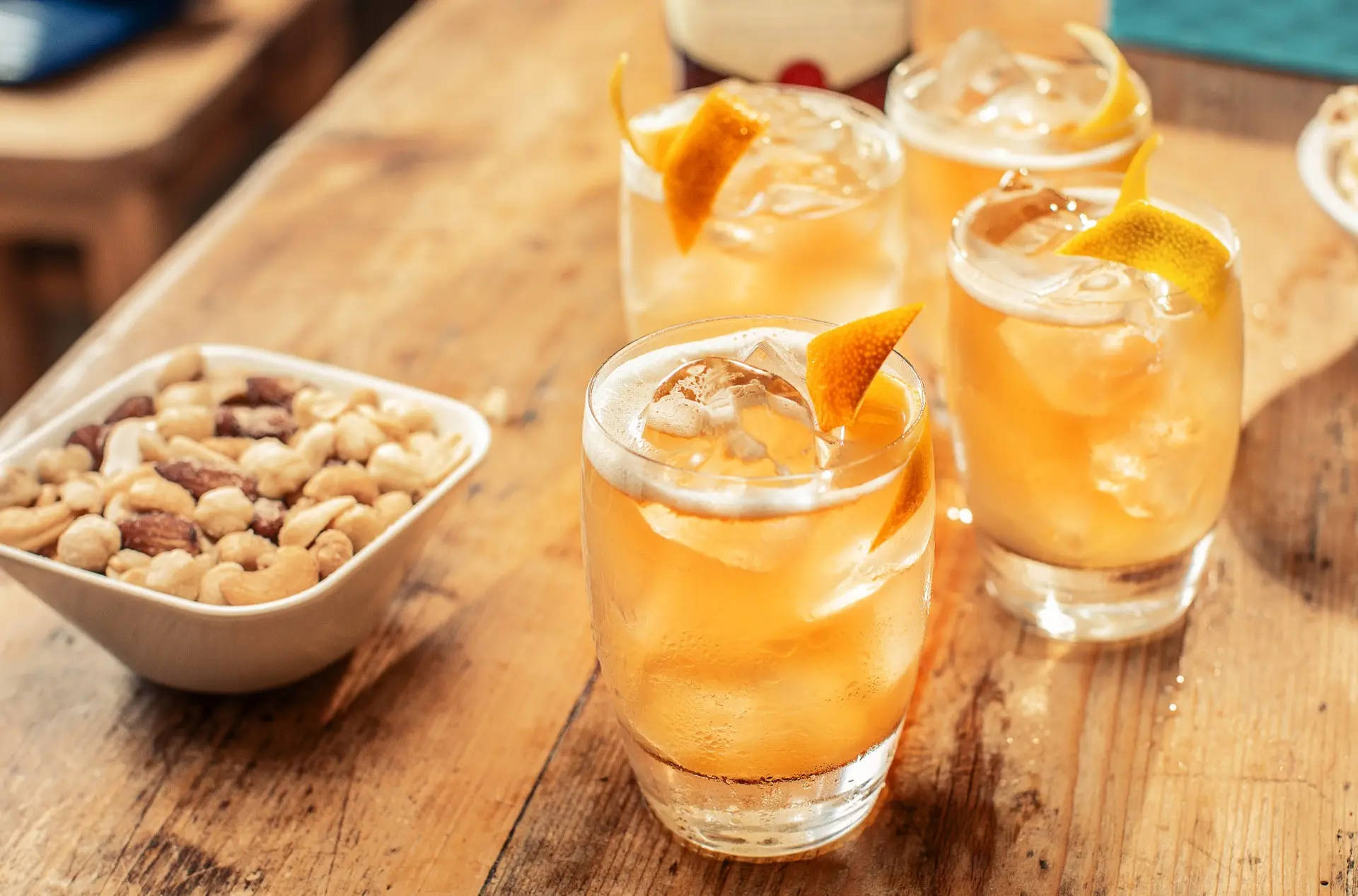 amber cocktails, orange twists, ice, Full HD Desktop Wallpaper