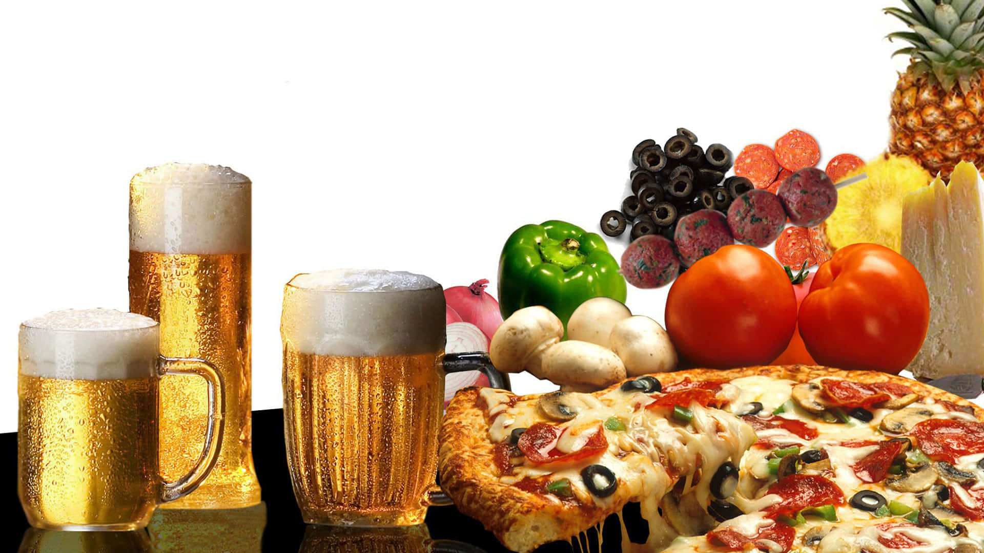 beer mugs, cheesy pizza, pepperoni olives, Full HD Desktop Wallpaper