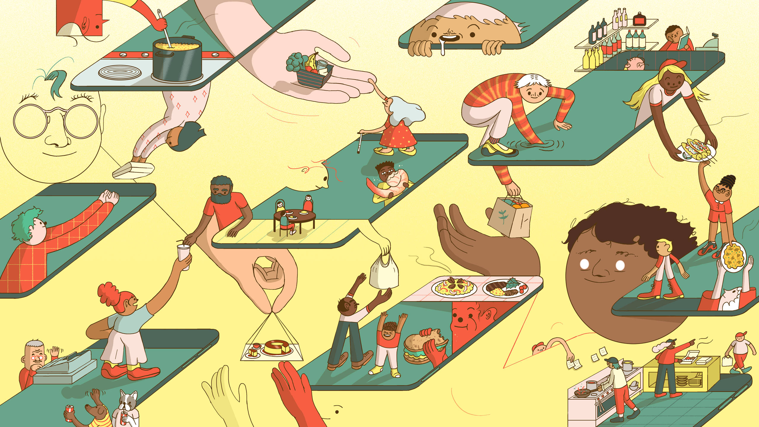 Food Delivery Doodle Art, doodle art, illustrated collage, 2K Desktop Wallpaper