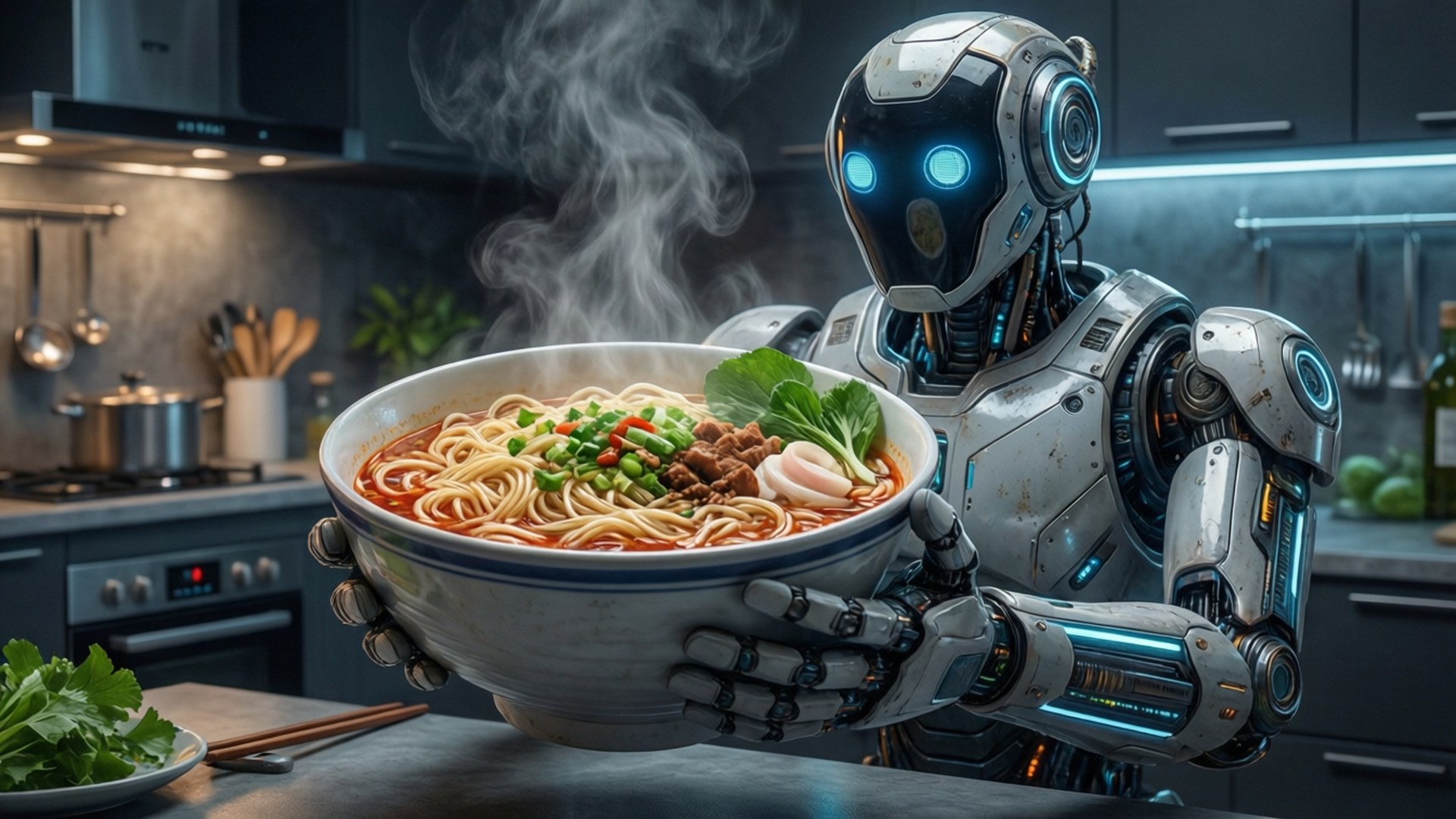 robotic noodle delivery, glowing blue eyes, steaming bowl of ramen noodles, Full HD Desktop Wallpaper