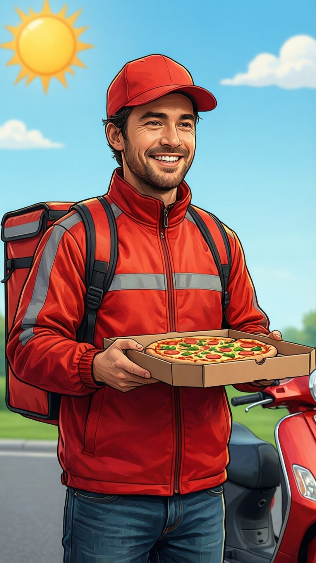 Happy Delivery Rider, red uniform, pizza box, Full HD Phone Wallpaper