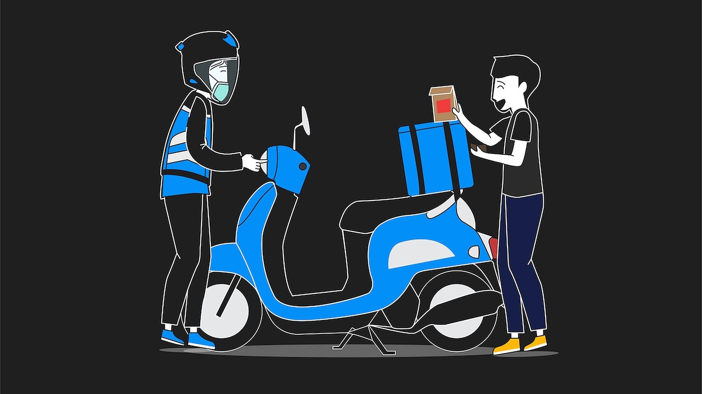 Food Delivery, blue uniform, blue scooter, Full HD Desktop Wallpaper
