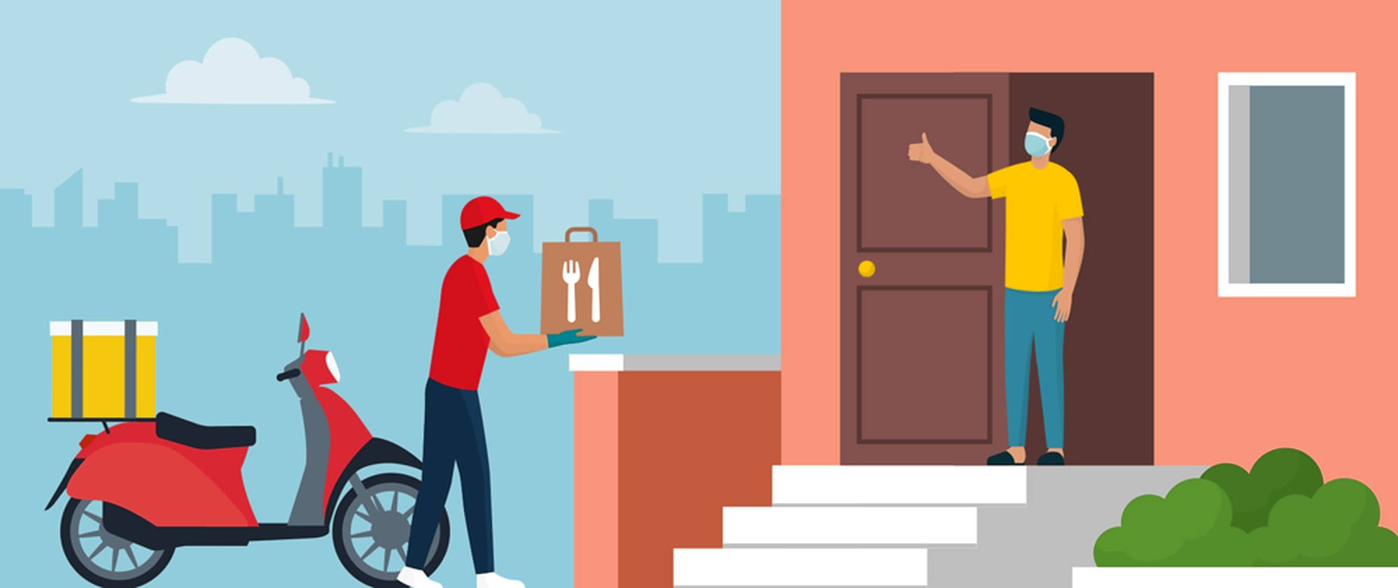 red uniform, food box, doorstep, Full HD Desktop Wallpaper
