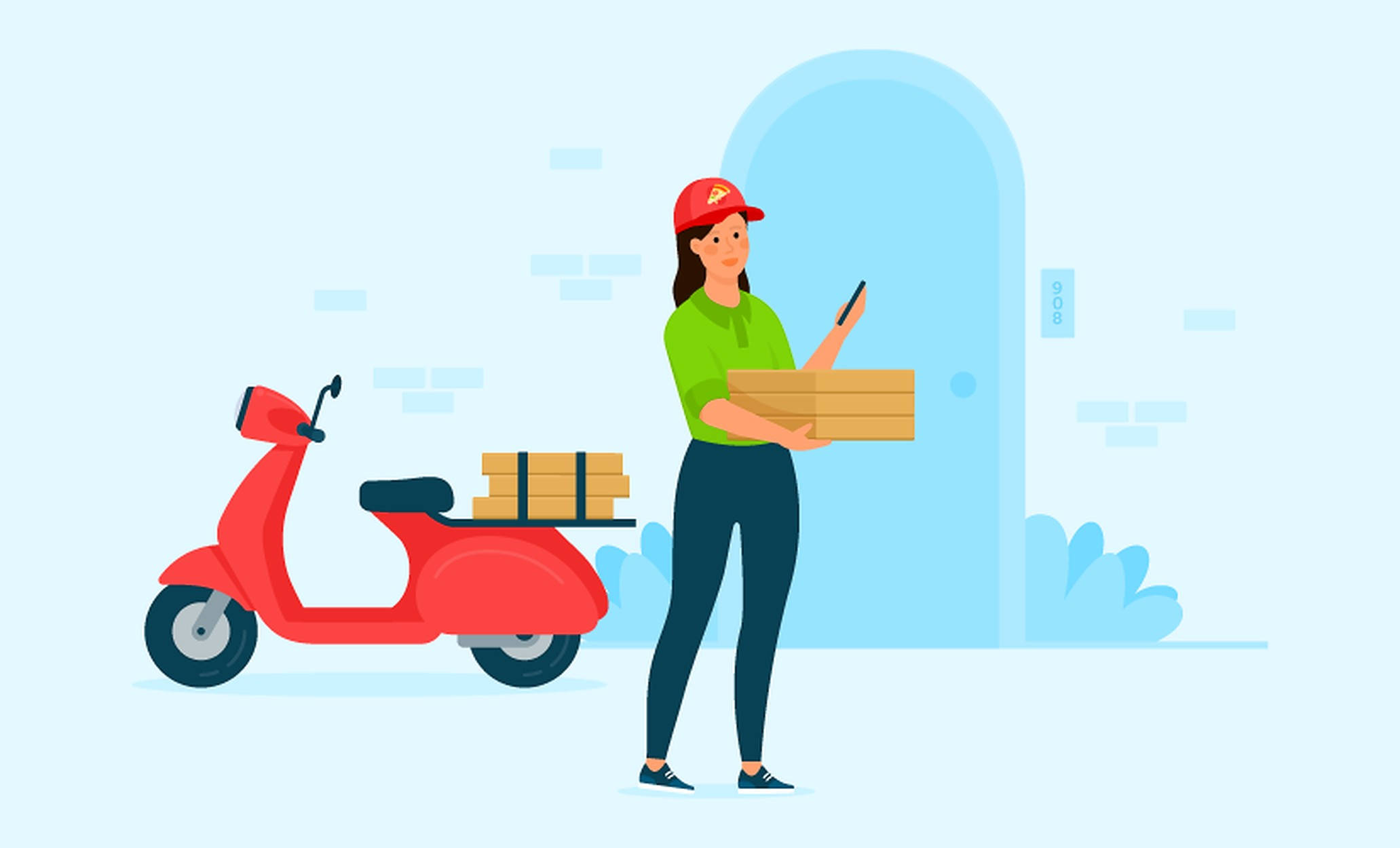 food delivery lady, red cap, pizza box, Full HD Desktop Wallpaper