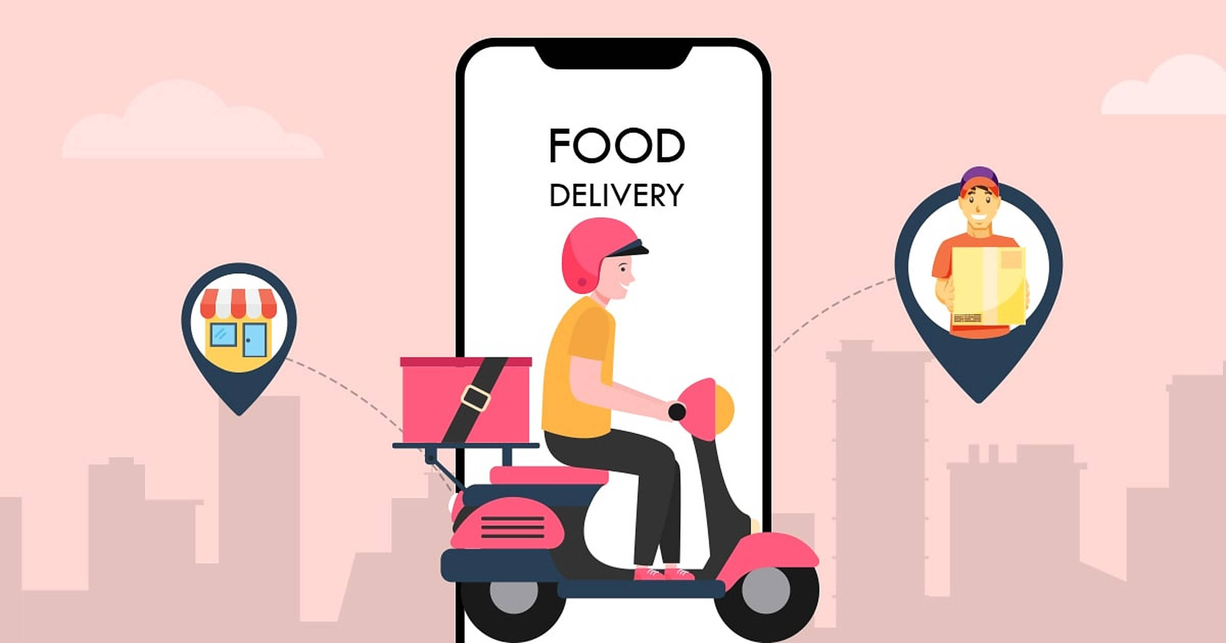 pink scooter, cityscape, giant smartphone, Full HD Desktop Wallpaper