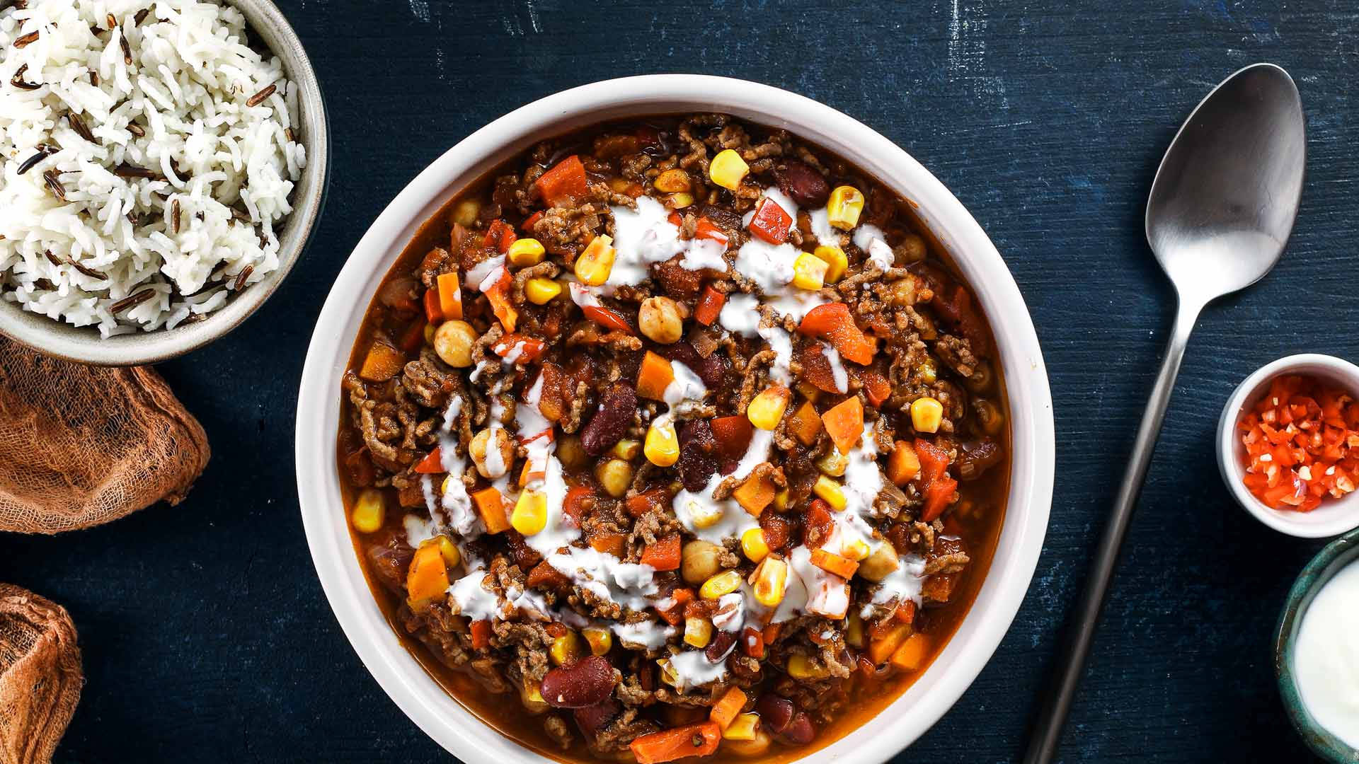 Chili Con Carne, sour cream, corn, Full HD Desktop Wallpaper