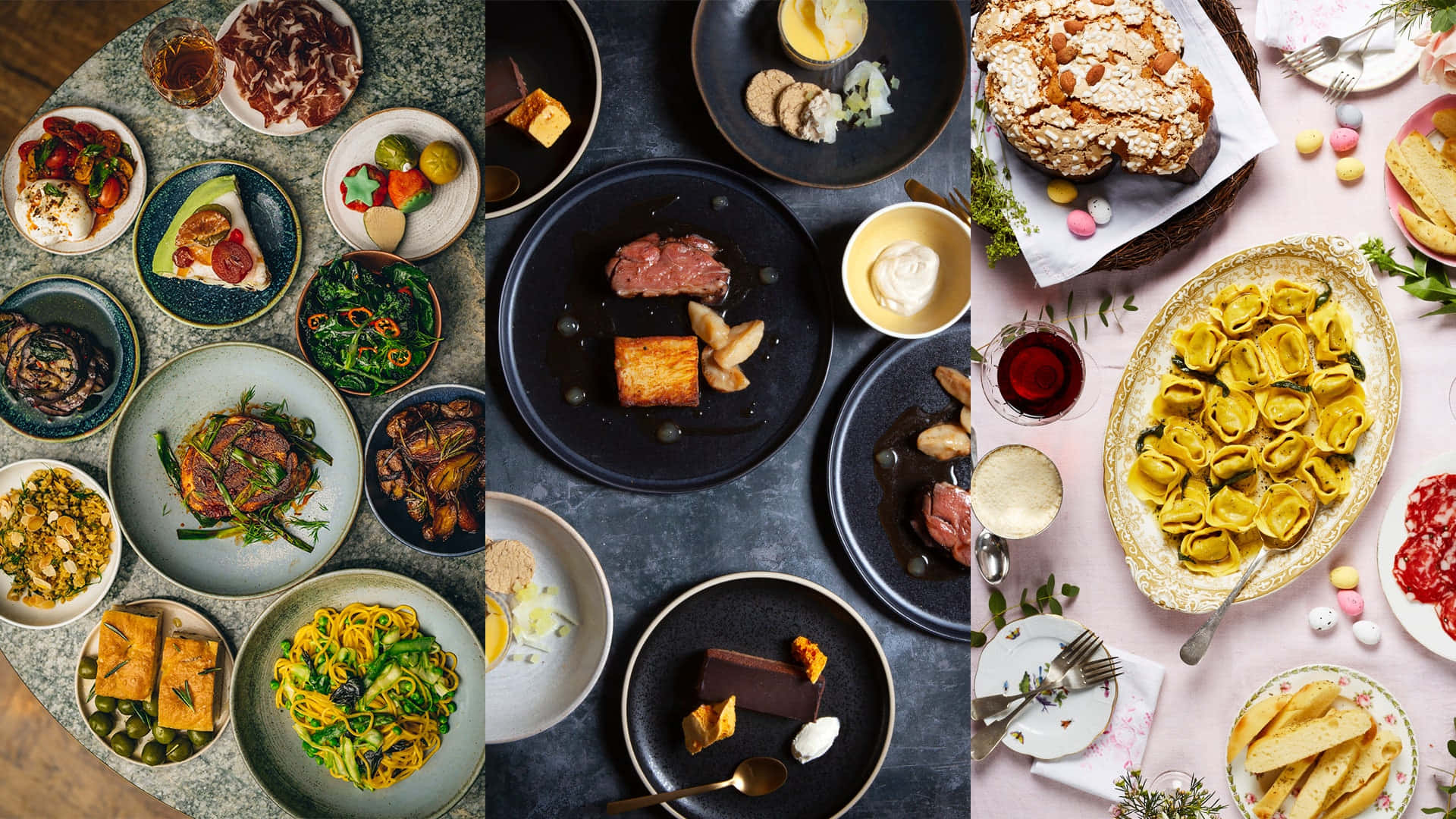 Food Table Collage, gourmet dishes, dark and pastel surfaces, Full HD Desktop Wallpaper