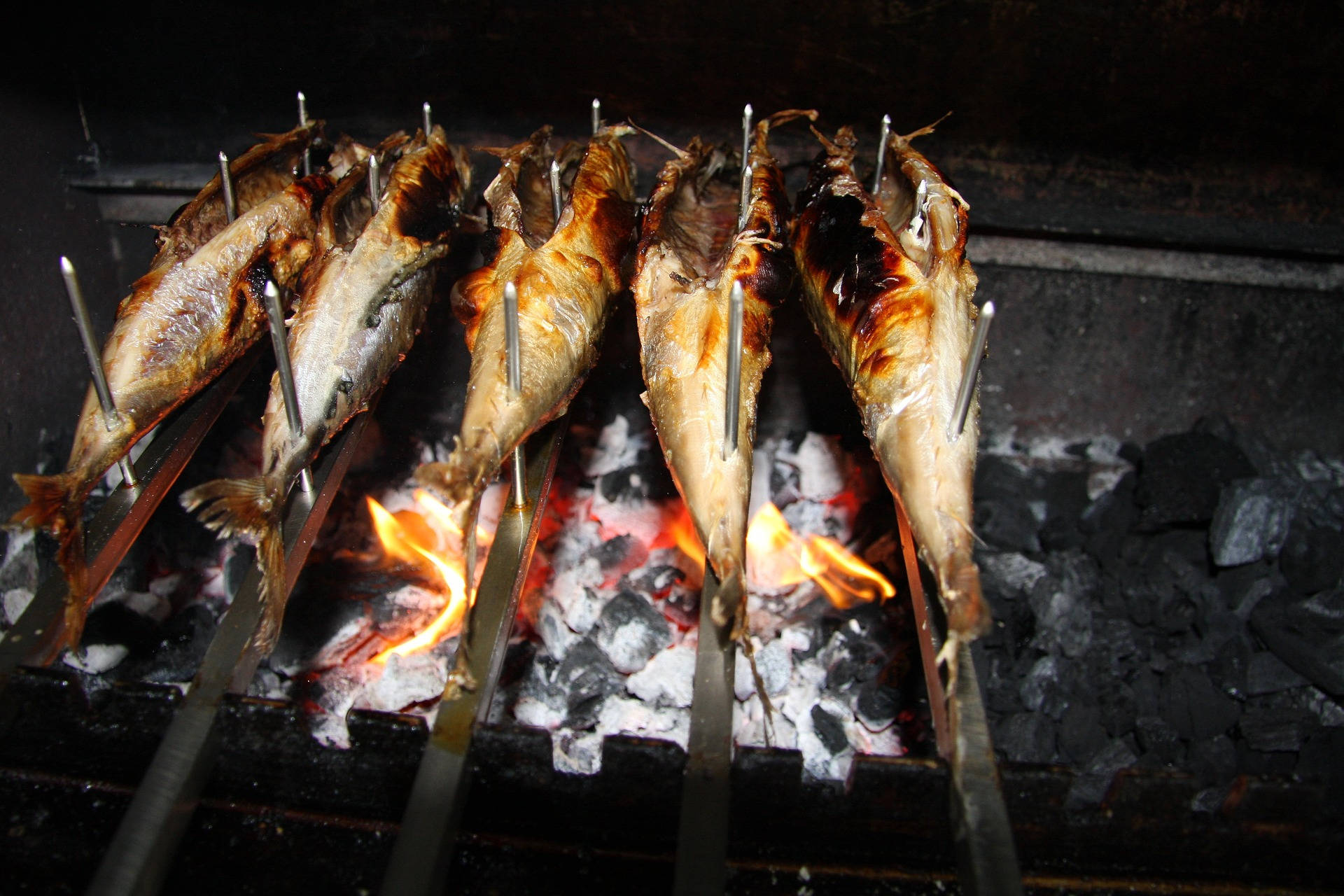 hot grill barbeque mackerel, glowing charcoal, flames, Full HD Desktop Wallpaper