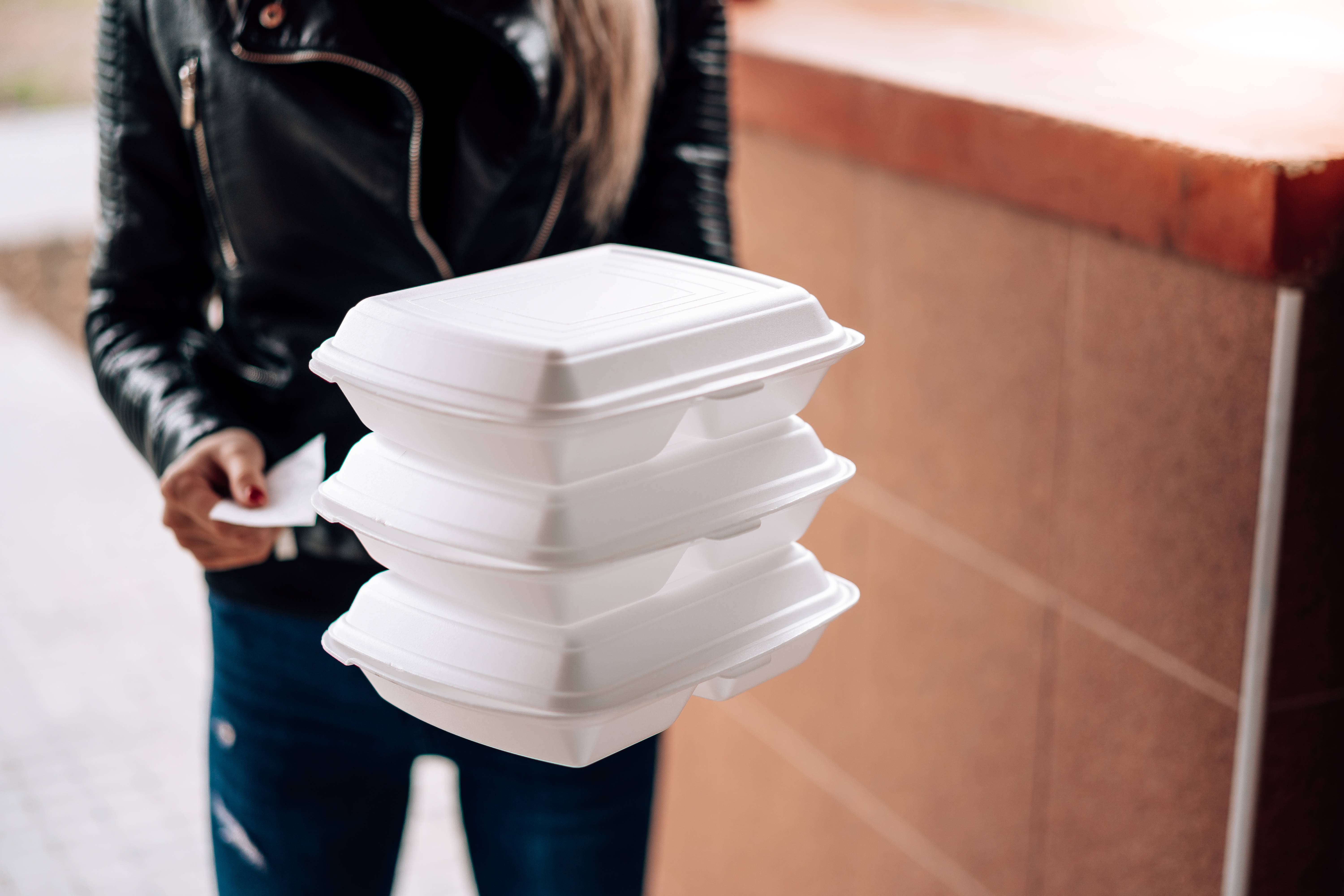 black leather jacket, white takeout containers, brick wall, 5K Desktop Wallpaper