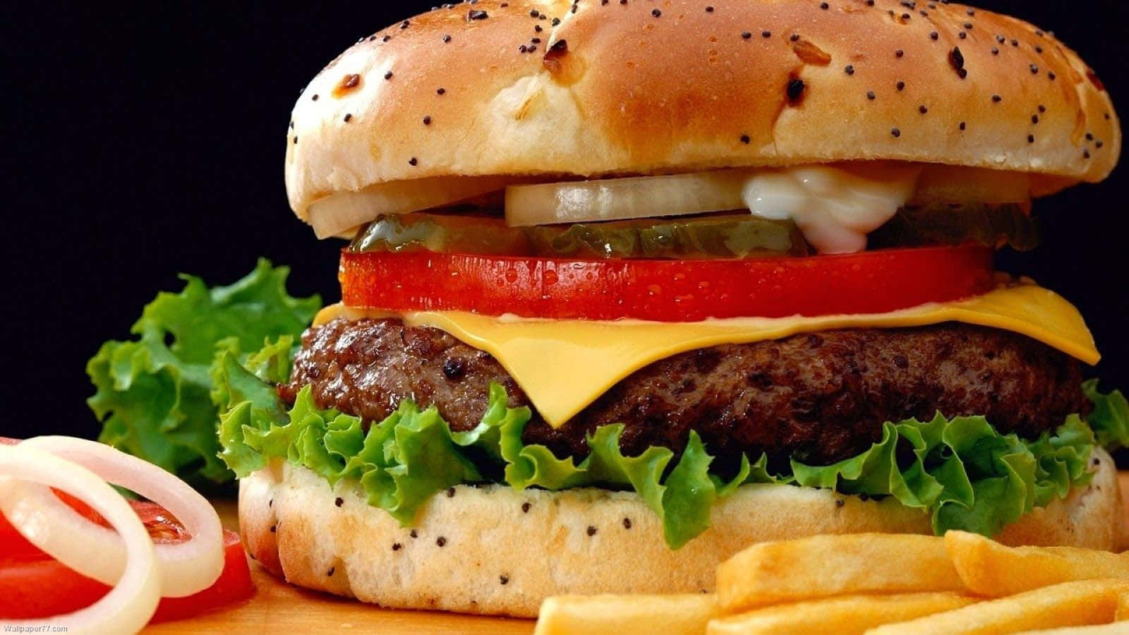 juicy burger, melted cheese, tomato, HD Desktop Wallpaper