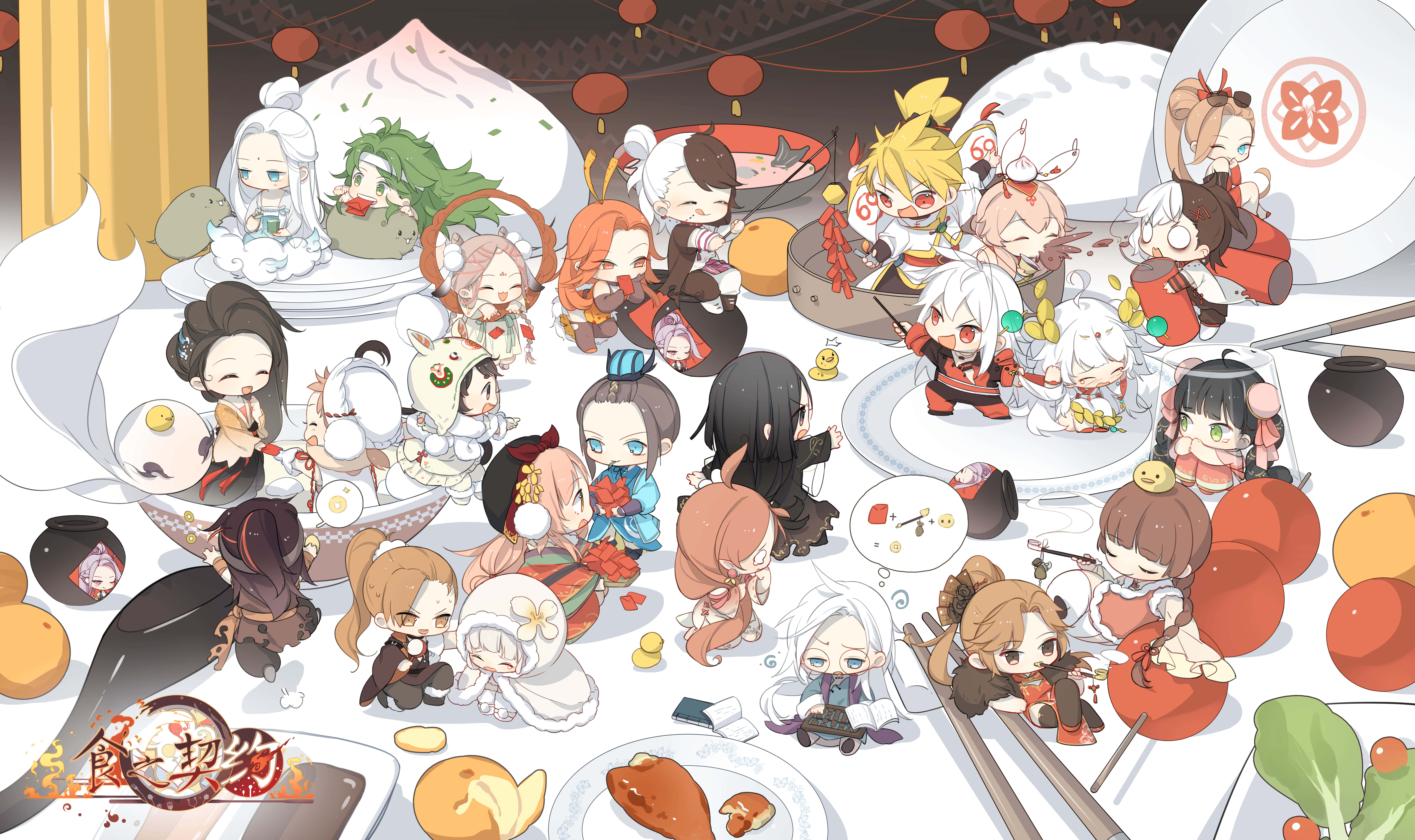 Food Fantasy, chibi anime characters, traditional attire, 8K Desktop Wallpaper