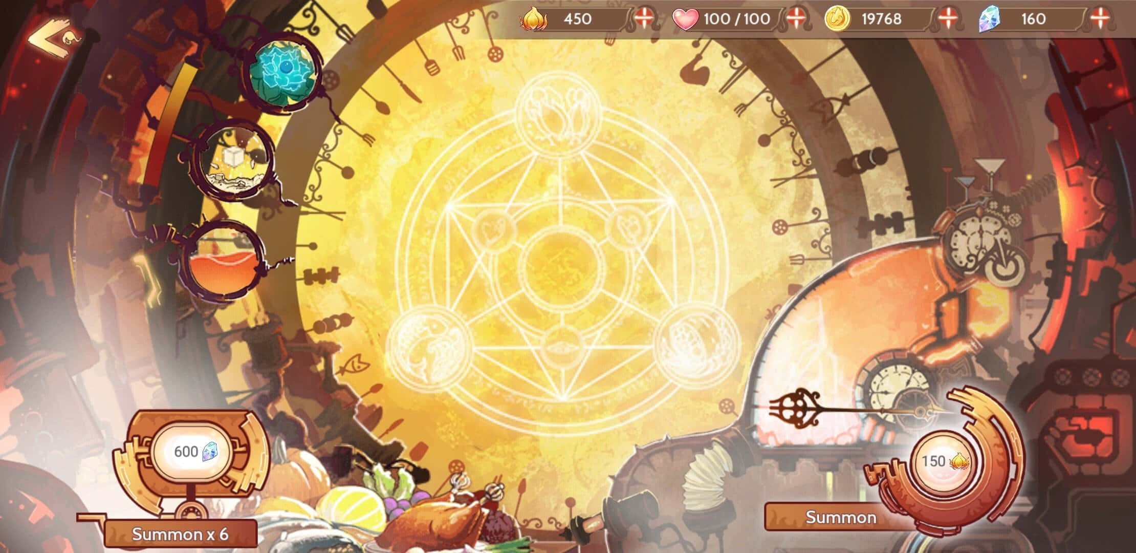 Food Fantasy, steampunk game interface, glowing golden magic circles, Full HD Desktop Wallpaper