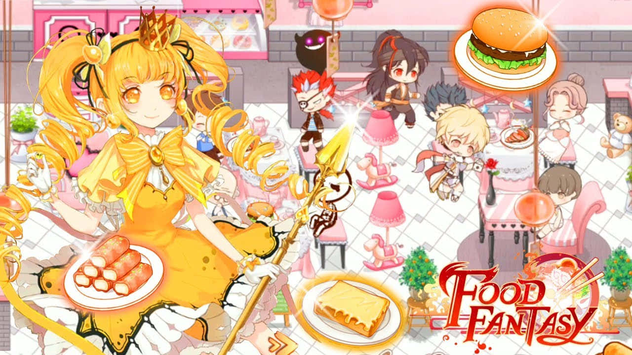 Food Fantasy, anime-style cafe scene, golden-haired princess, HD Desktop Wallpaper