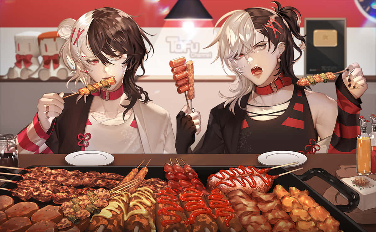 Food Fantasy, anime girls, red markings, SD Desktop Wallpaper