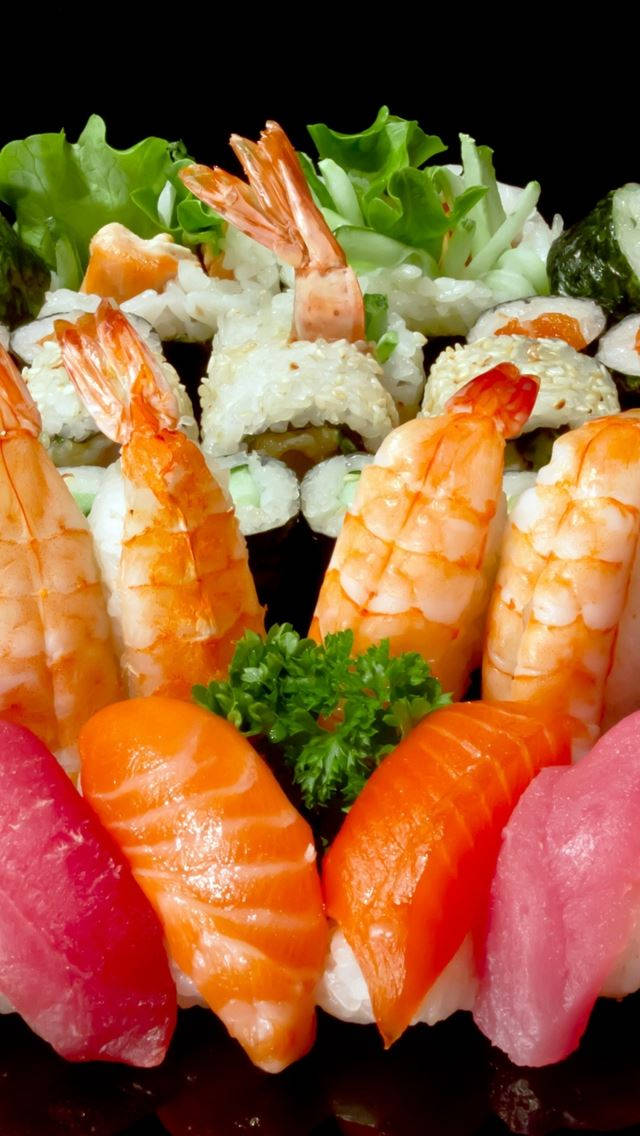 sushi ebi, shrimp tempura rolls, sashimi slices of salmon tuna and maguro, SD Phone Wallpaper