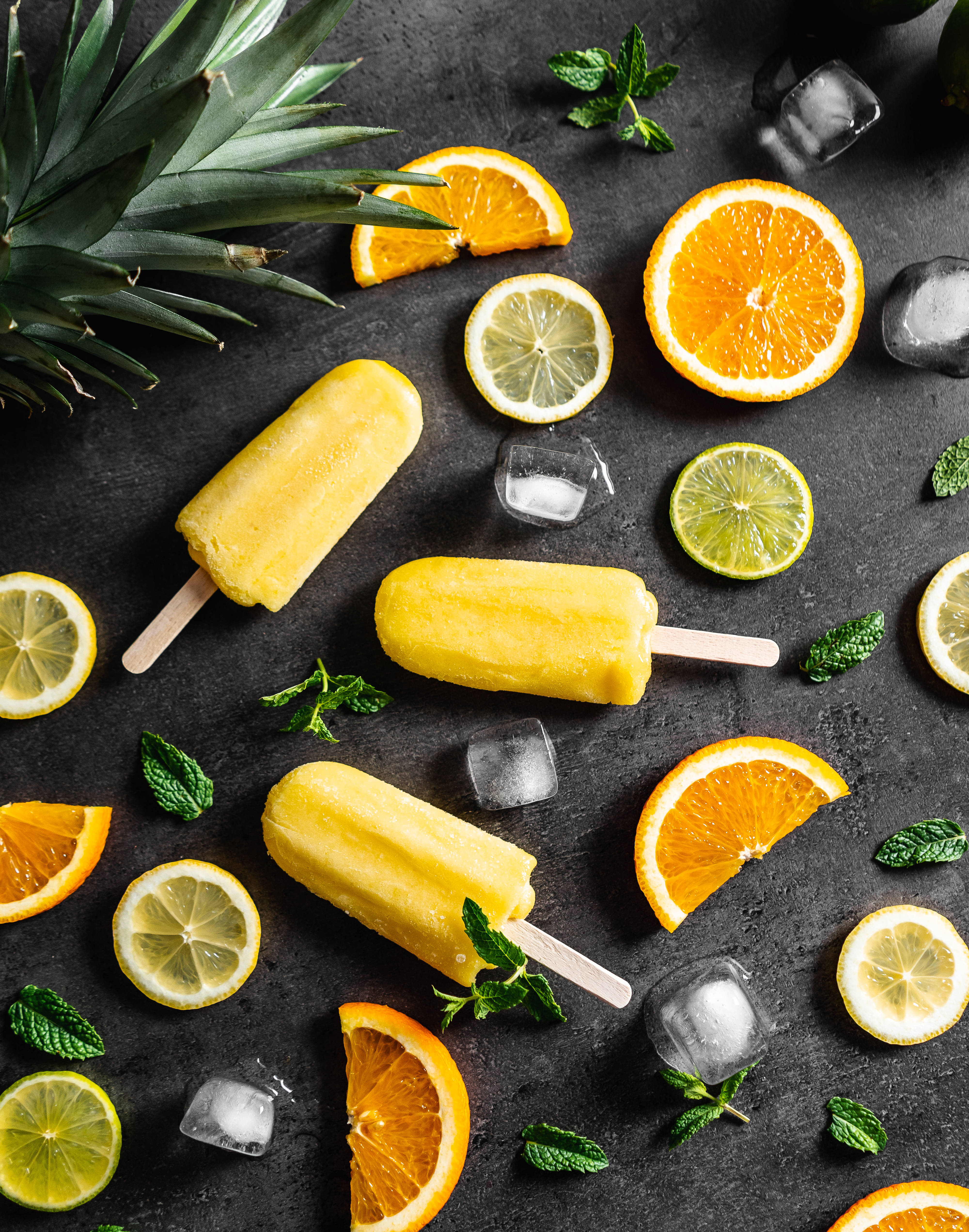 yellow popsicles, citrus slices, mint leaves, 4K Phone Wallpaper