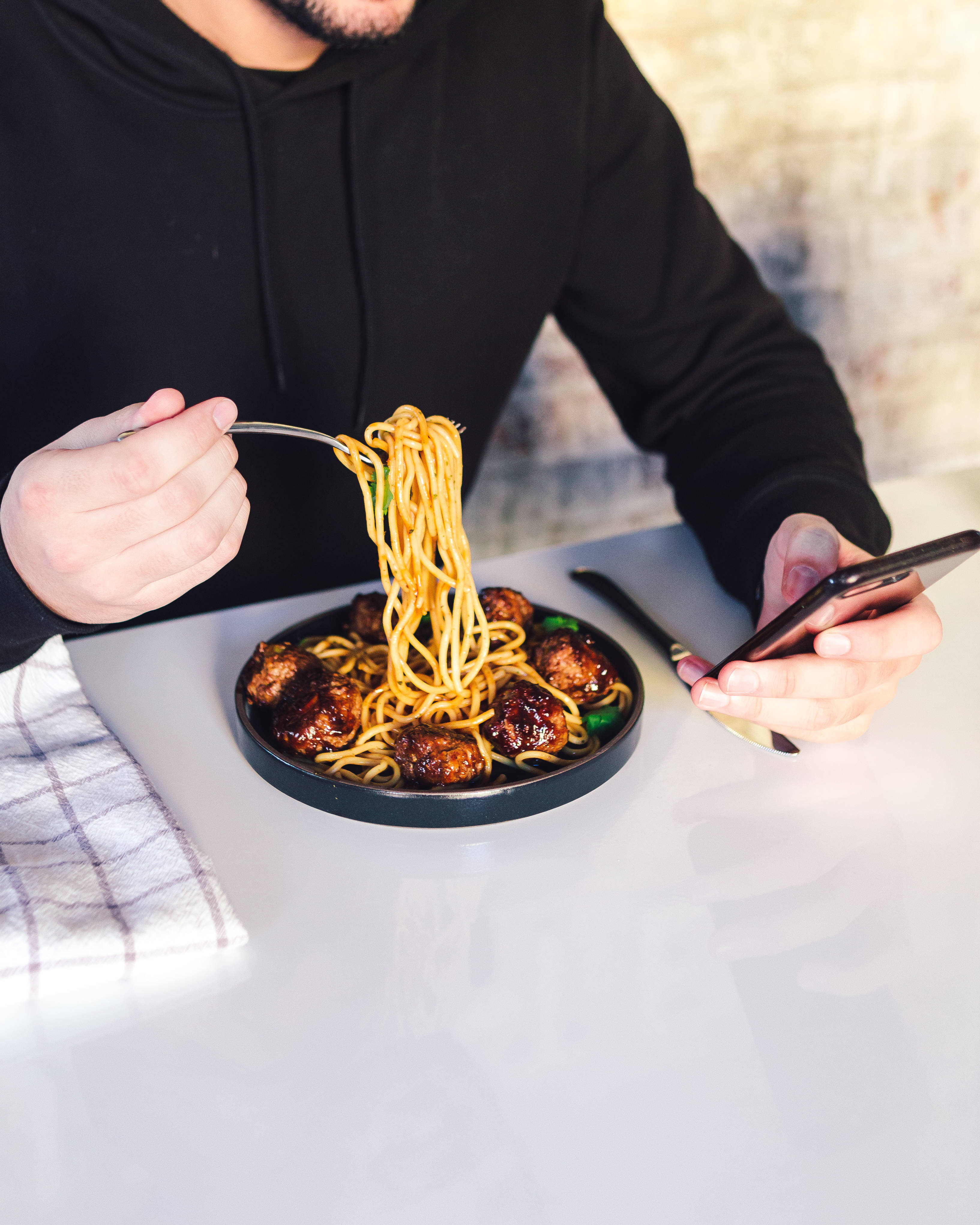 man, pasta, meatballs, 4K Phone Wallpaper
