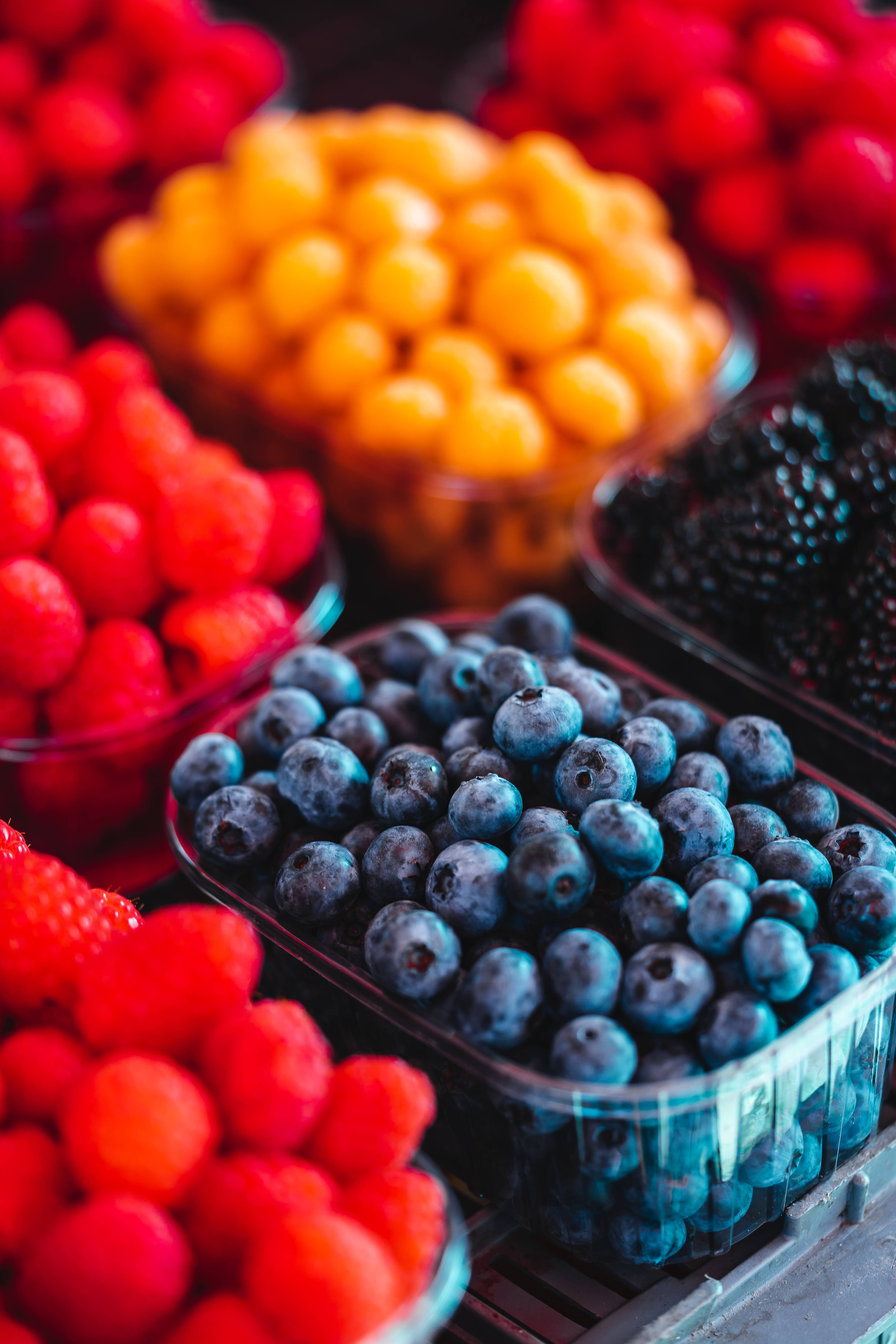 red raspberries, blueberries, golden yellow cherries, 5K Phone Wallpaper