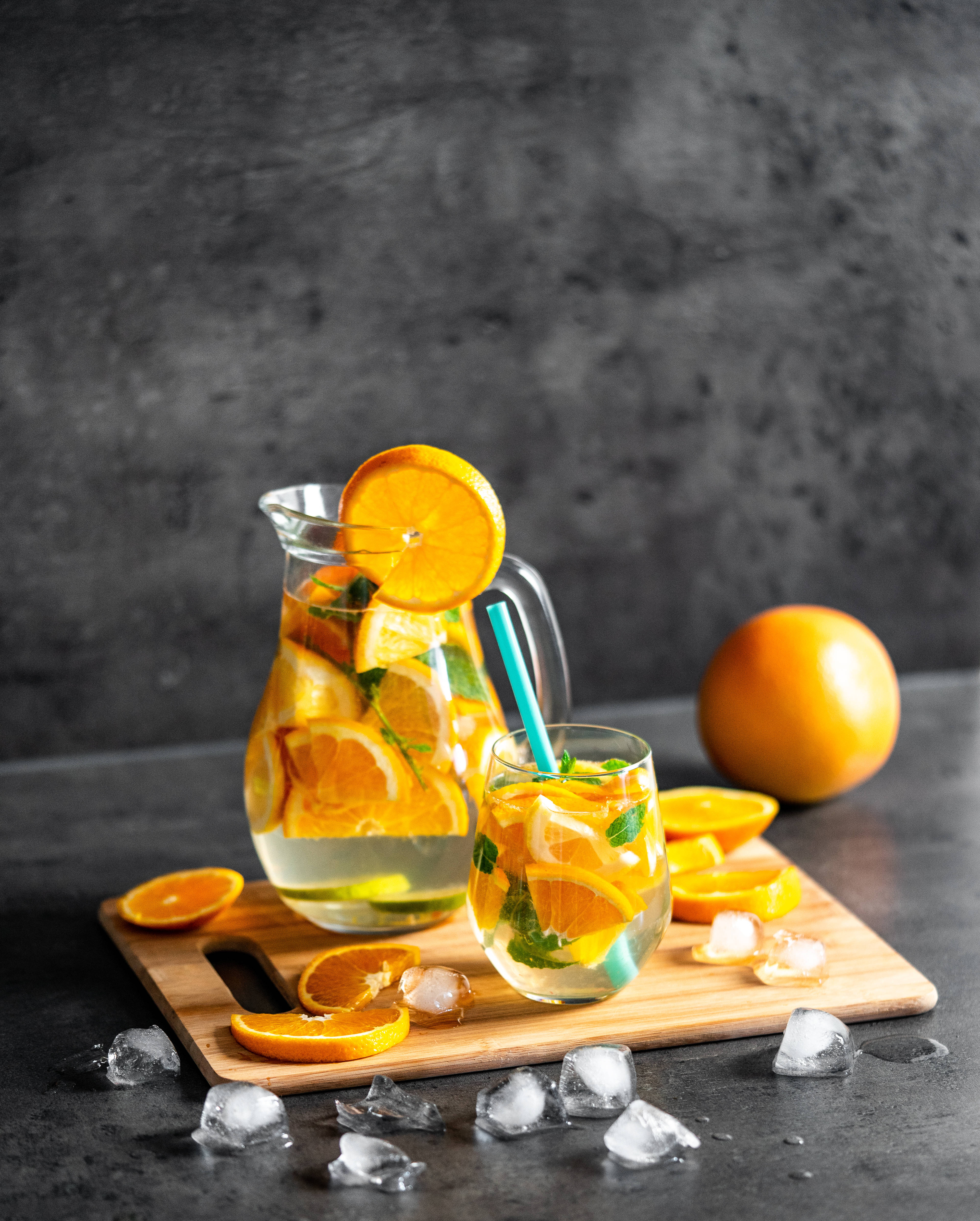 Orange Water, mint ice cubes, wooden board, 4K Phone Wallpaper