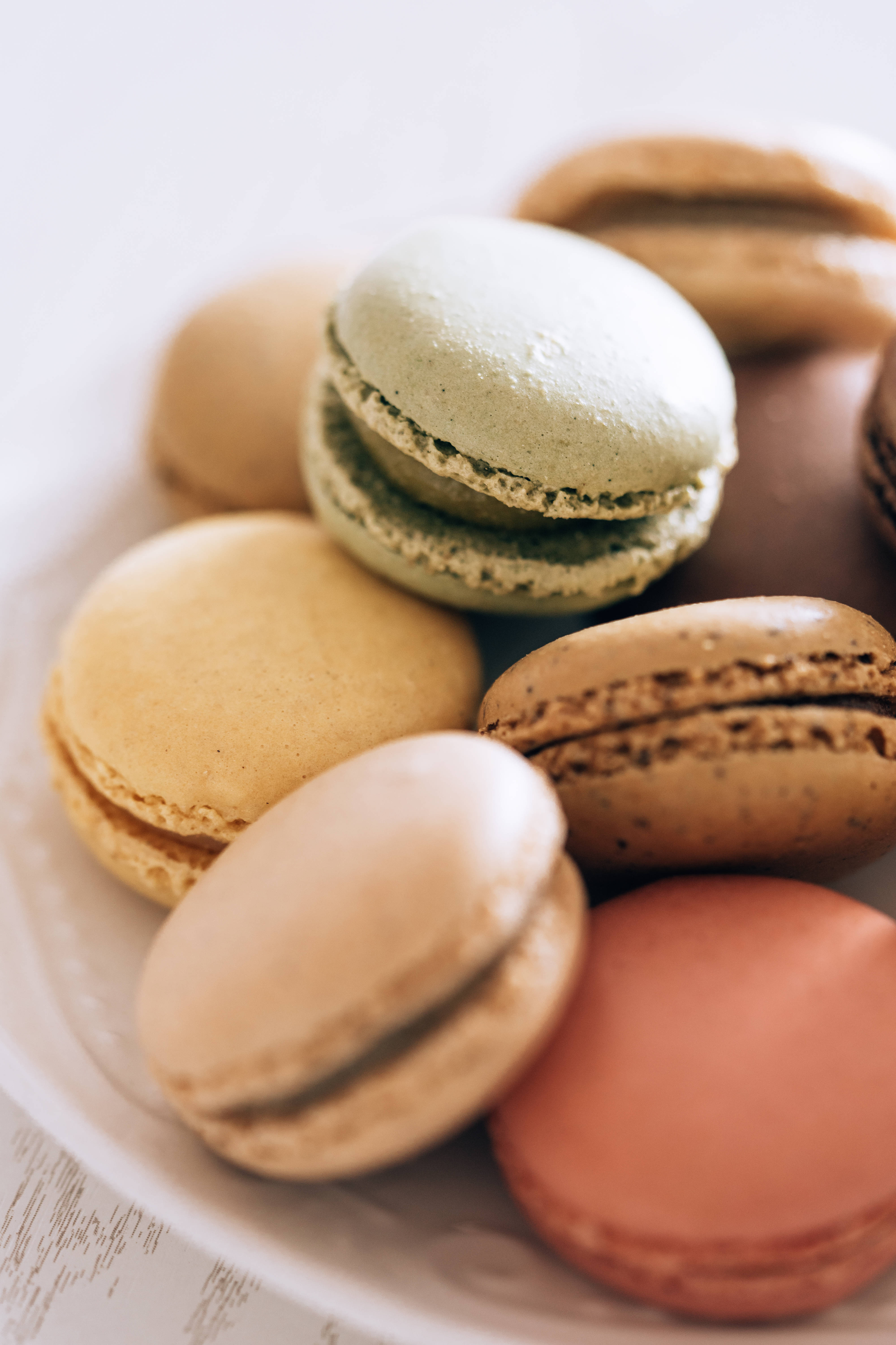 light macaroons, pastel macarons, soft green beige brown coral tones, 5K Phone Wallpaper