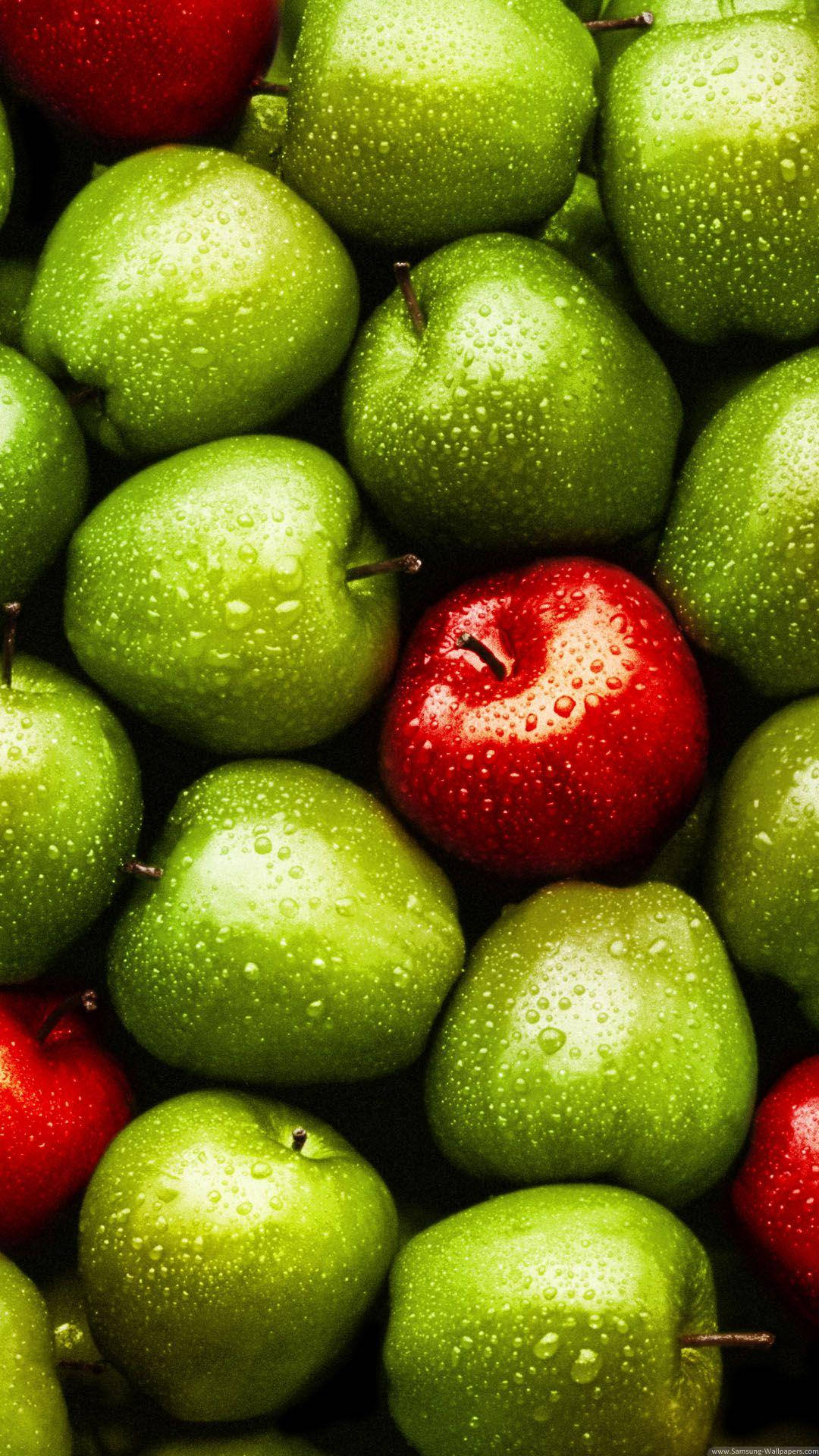 red apple, green apples, dew drops, Full HD Phone Wallpaper