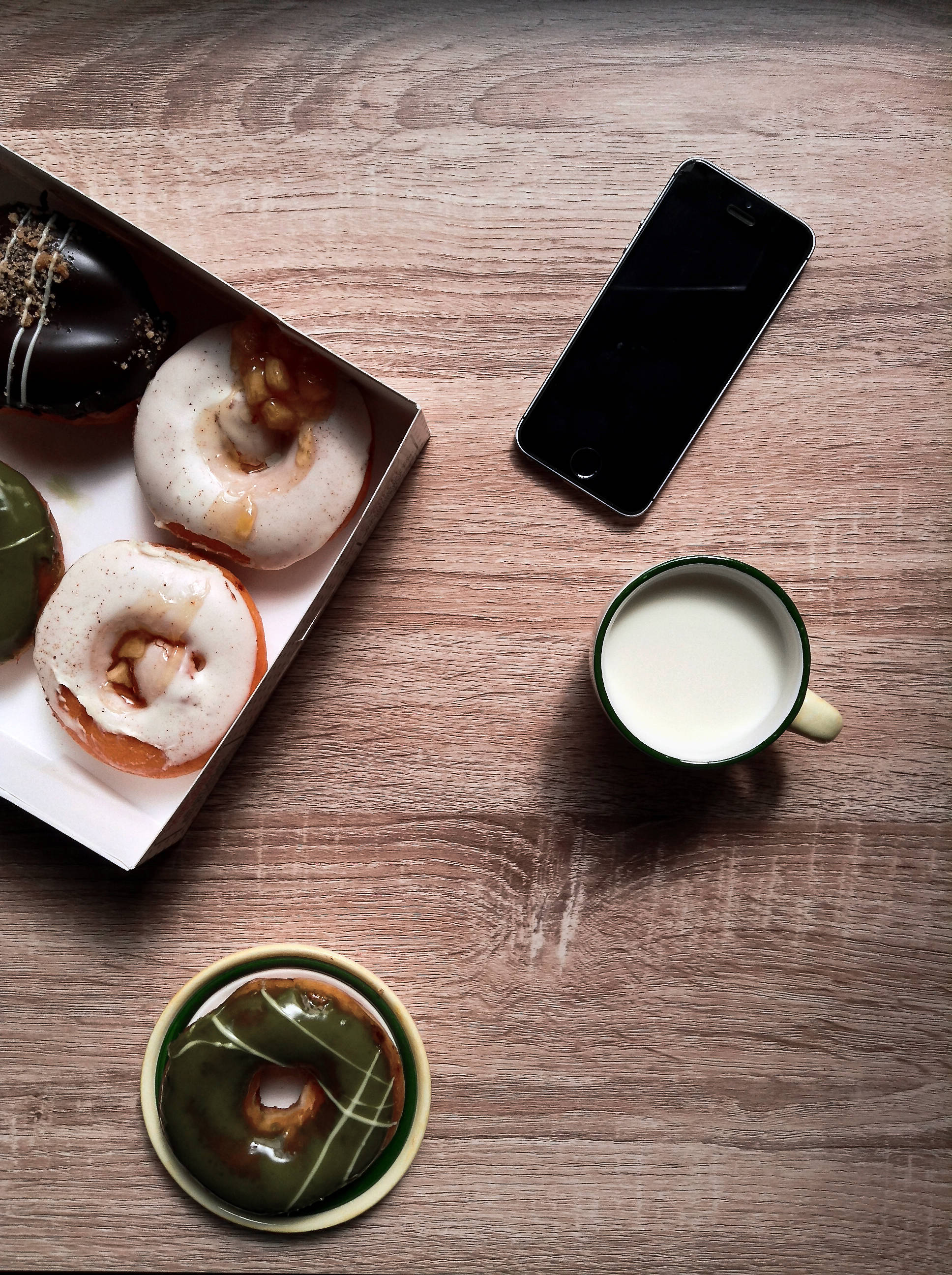 donuts, box, mug of milk, 2K Phone Wallpaper
