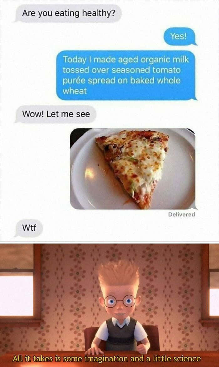 cheesy pizza, white plate, cartoon boy in glasses, SD Phone Wallpaper