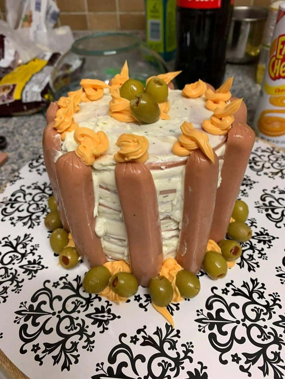 whimsical cake, hot dogs, green olives, HD Phone Wallpaper