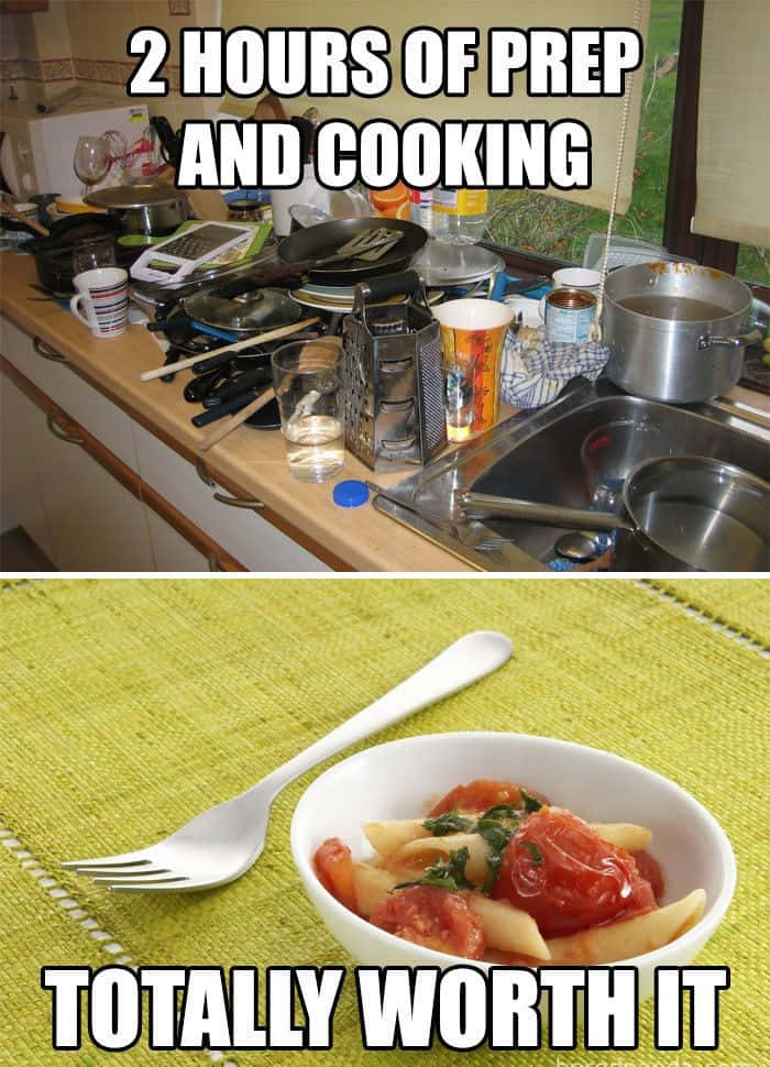 green placemat, pasta and tomatoes, messy kitchen counter, SD Phone Wallpaper