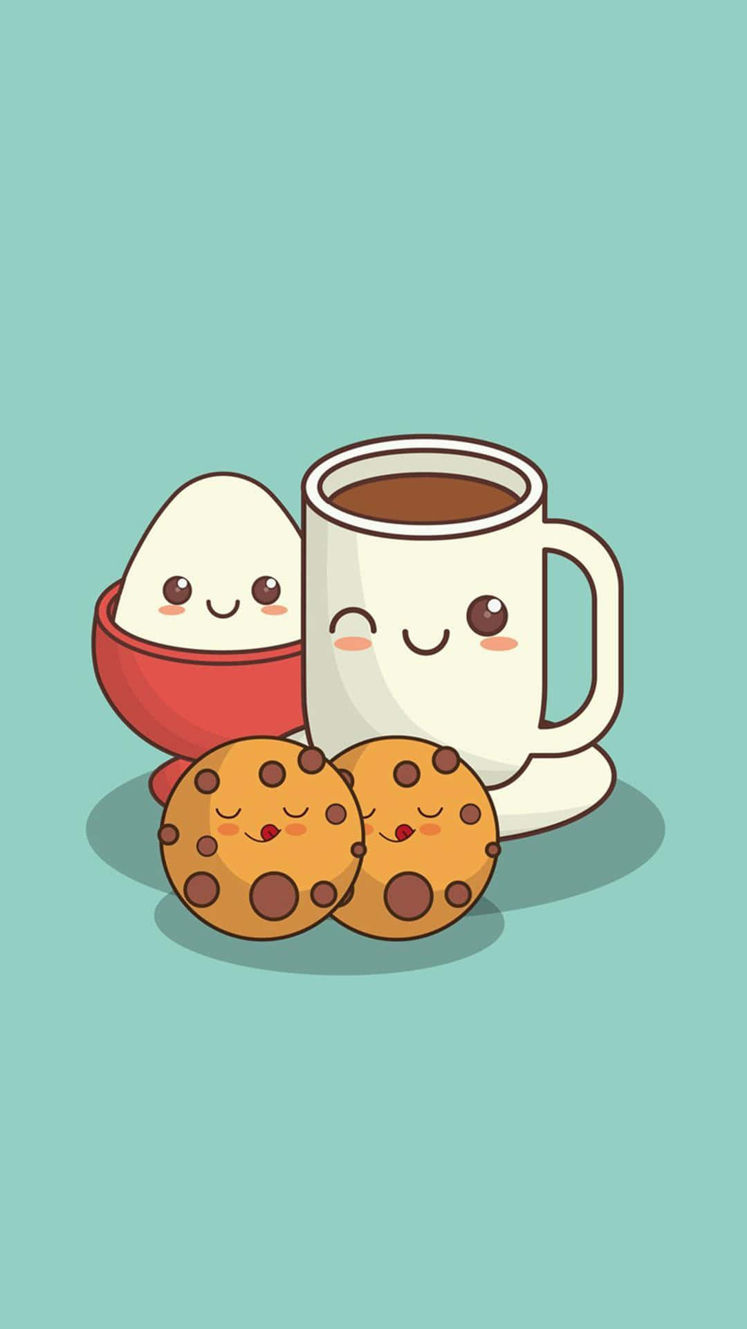 cute cartoon egg, red bowl, coffee mug, Full HD Phone Wallpaper