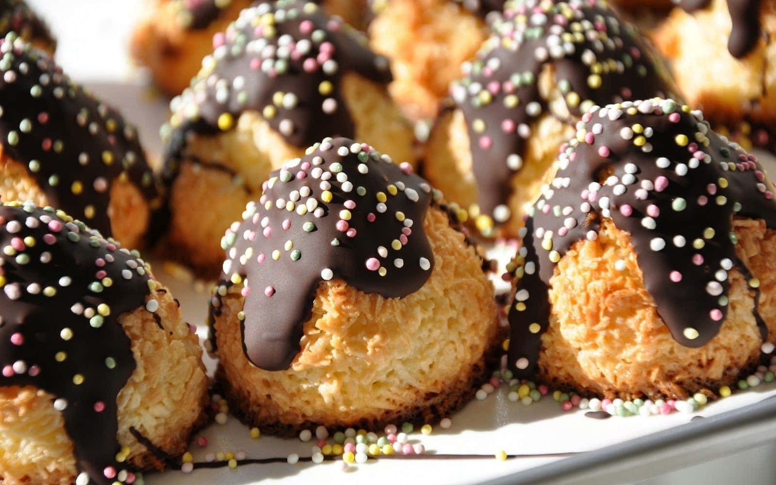 golden coconut macaroons, glossy chocolate, colorful sprinkles, HD Desktop Wallpaper