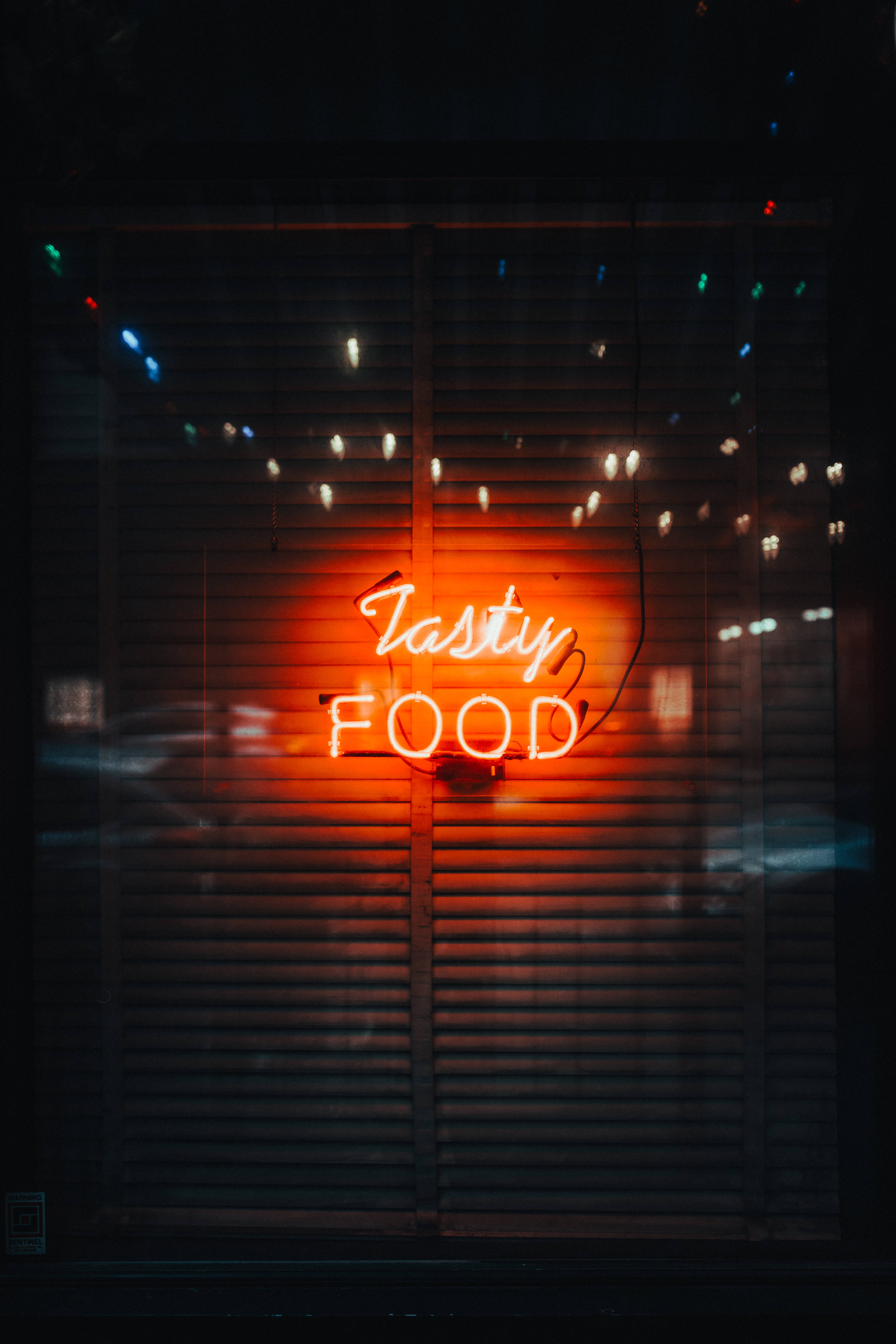 Tasty FOOD, neon sign, glowing orange, 5K Phone Wallpaper