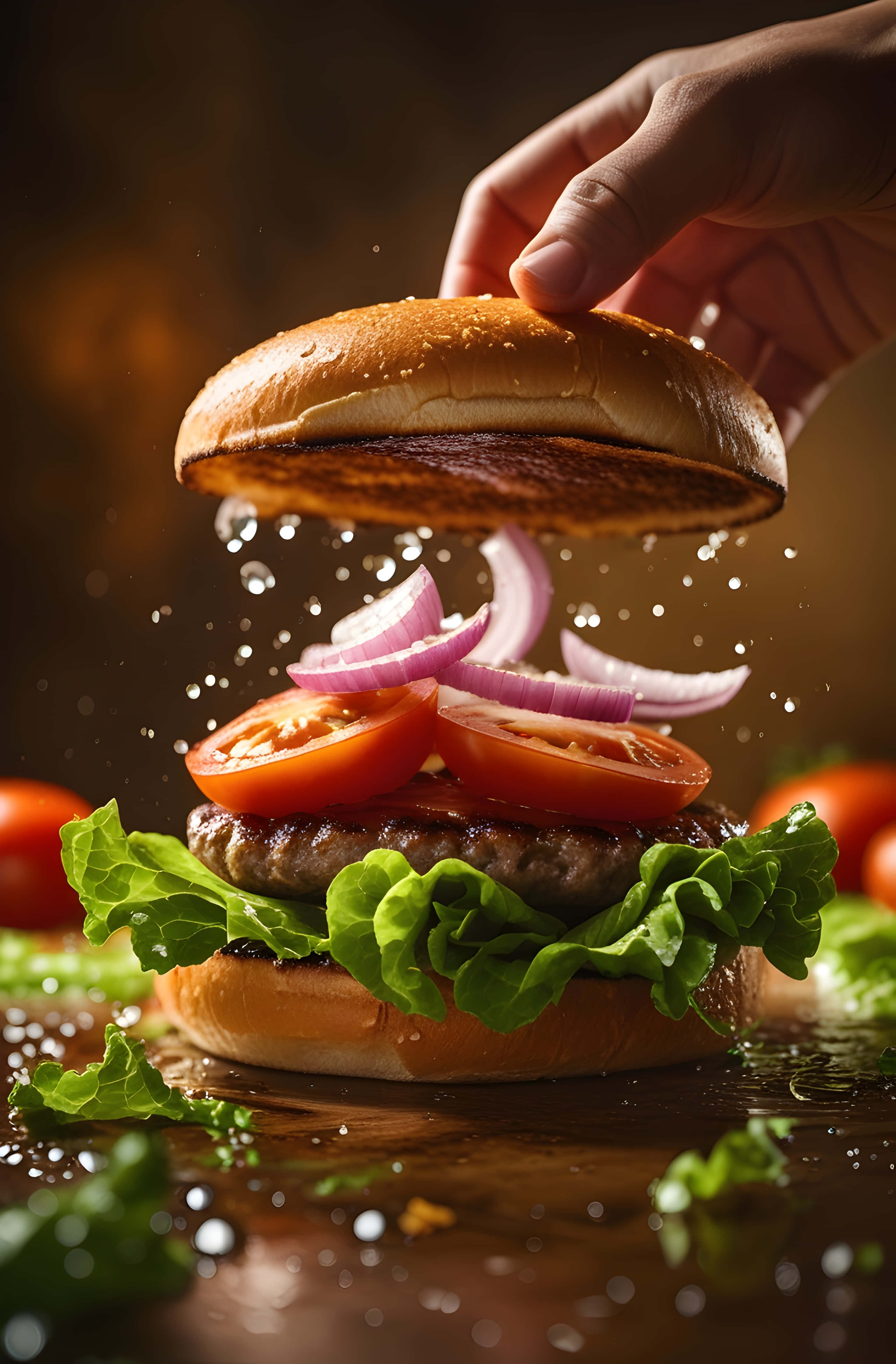 fresh burger, juicy burger, fresh lettuce, 4K Phone Wallpaper