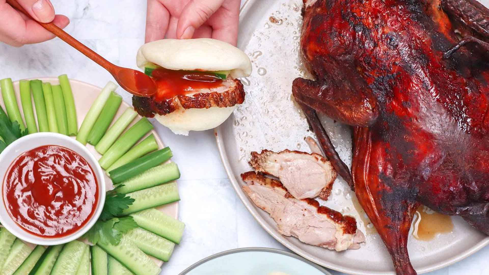 roasted peking duck, bao bun, cucumber sticks, Full HD Desktop Wallpaper