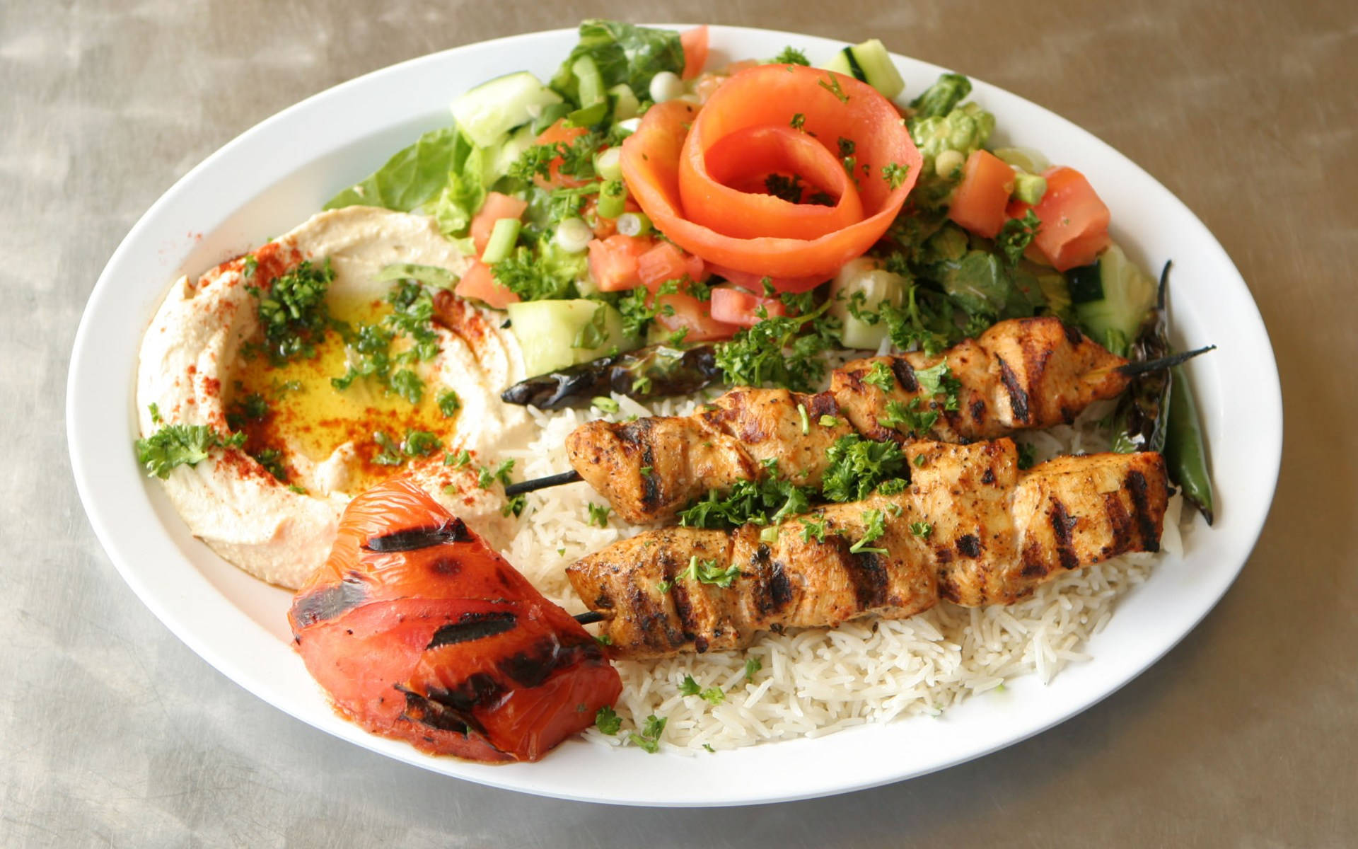 Turkish Kebab Meat Meal, grilled chicken skewers, tomato rose cucumber salad, Full HD Desktop Wallpaper