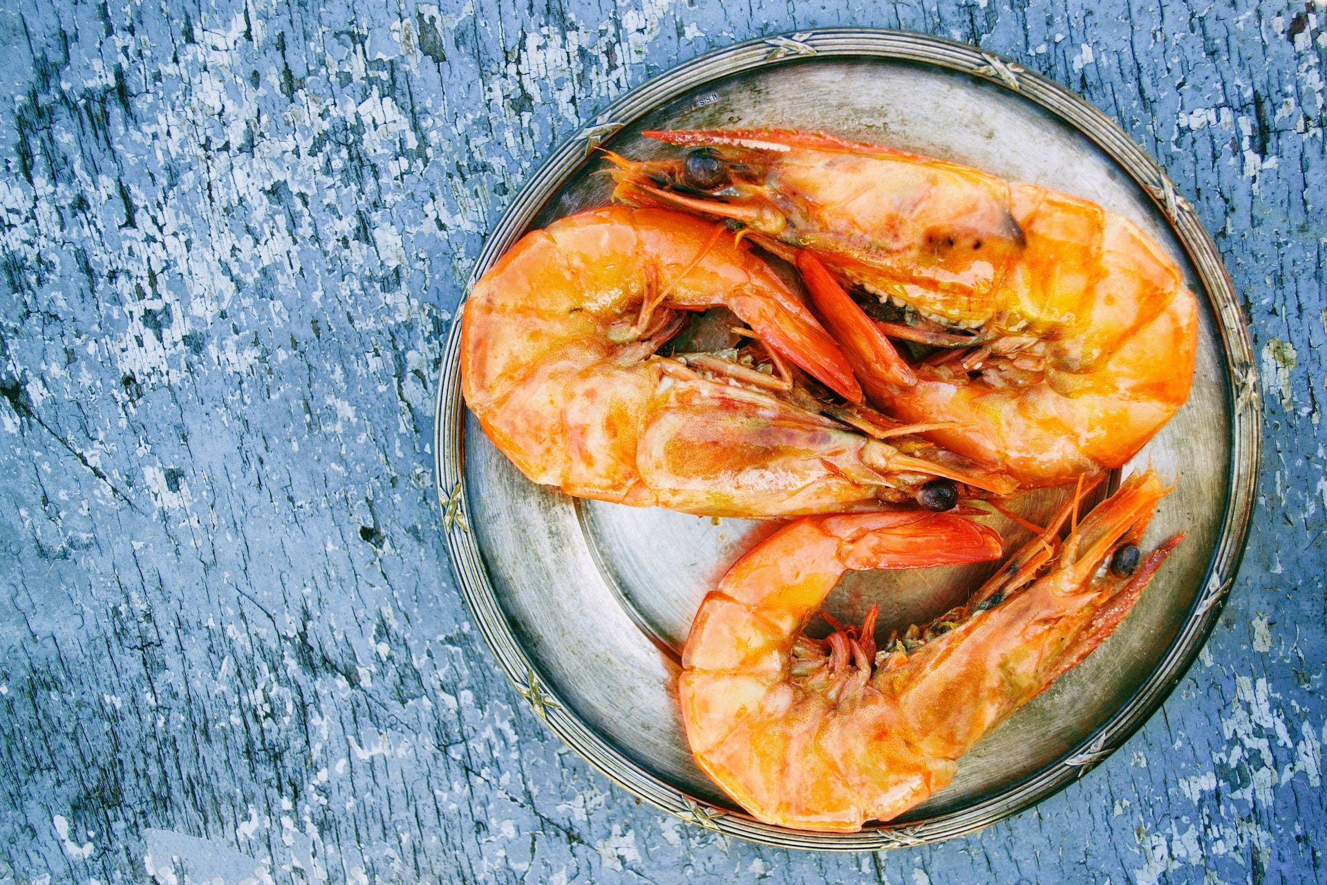 prawns, bright orange bodies, tarnished silver plate, Full HD Desktop Wallpaper