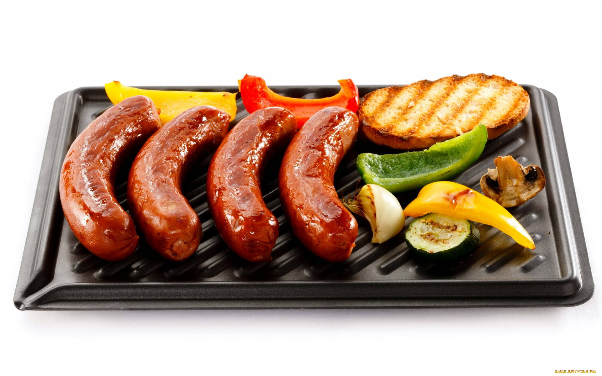 four sausage meat, griller, glossy grilled sausages, Full HD Desktop Wallpaper