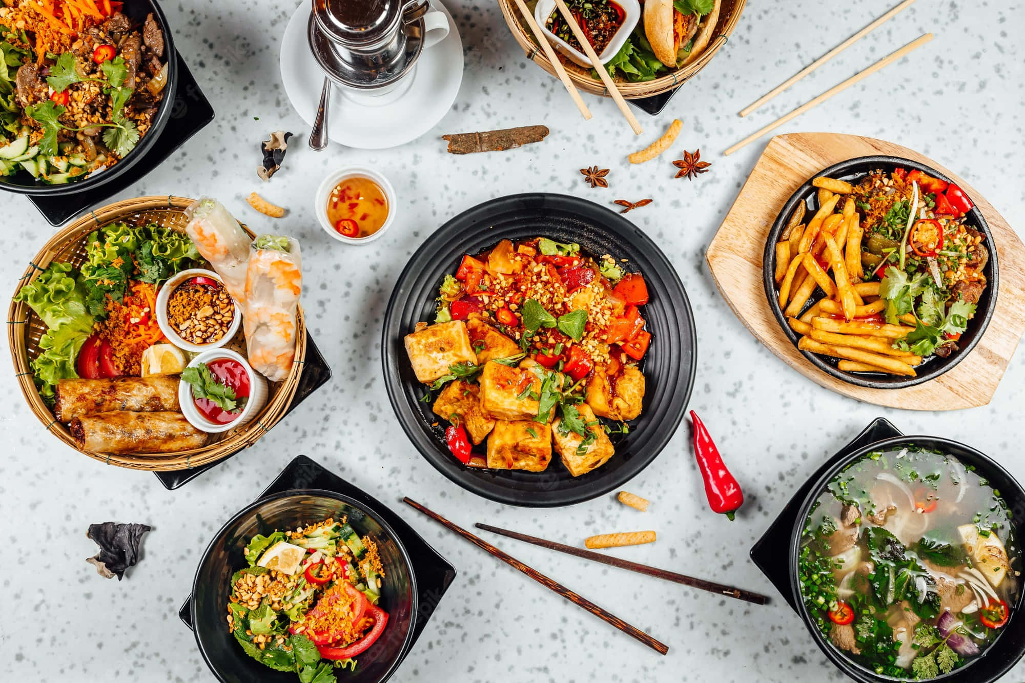 food table, Asian dishes, tofu, Full HD Desktop Wallpaper