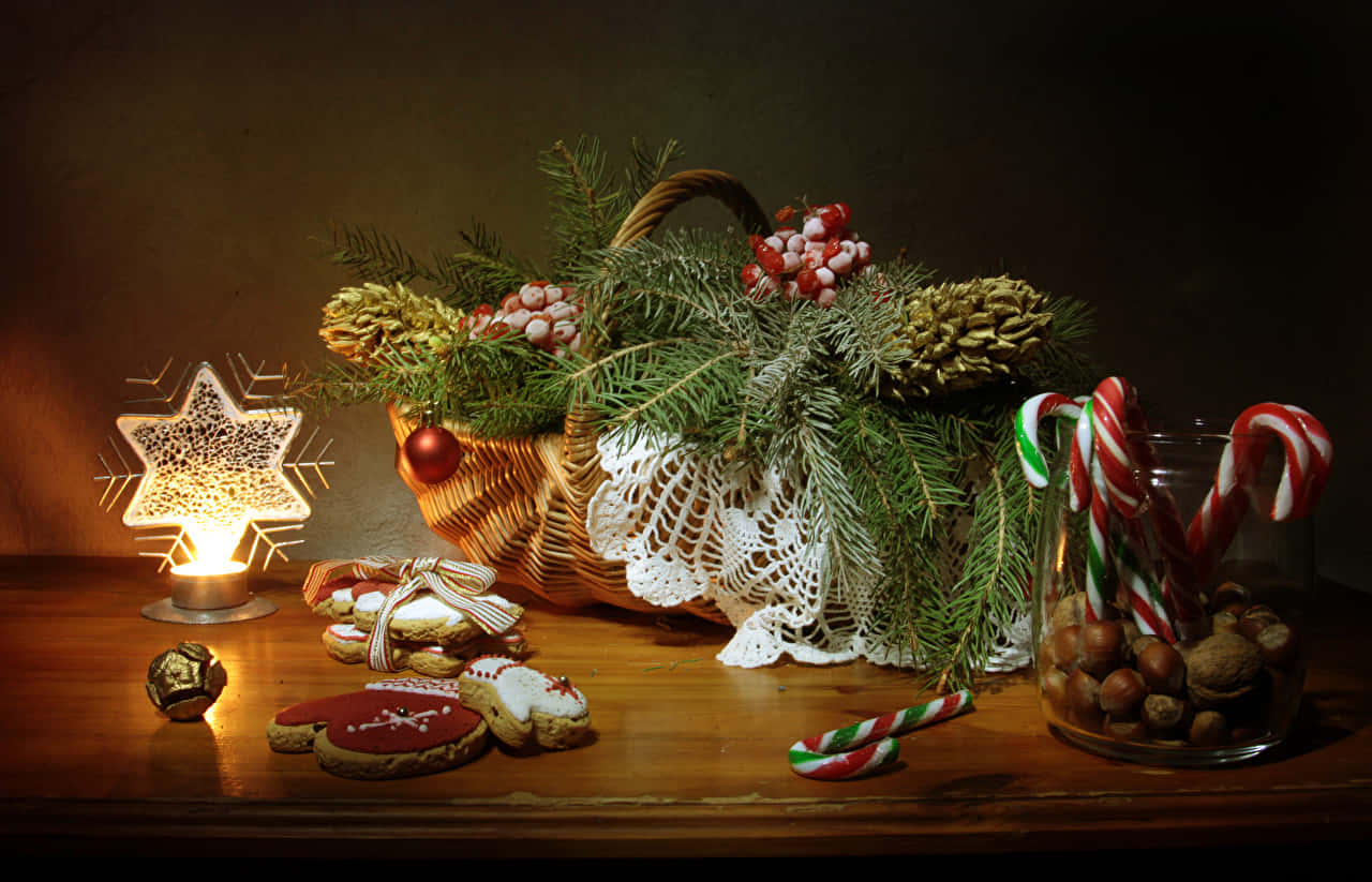 Food Table, wicker basket, pine branches, HD Desktop Wallpaper