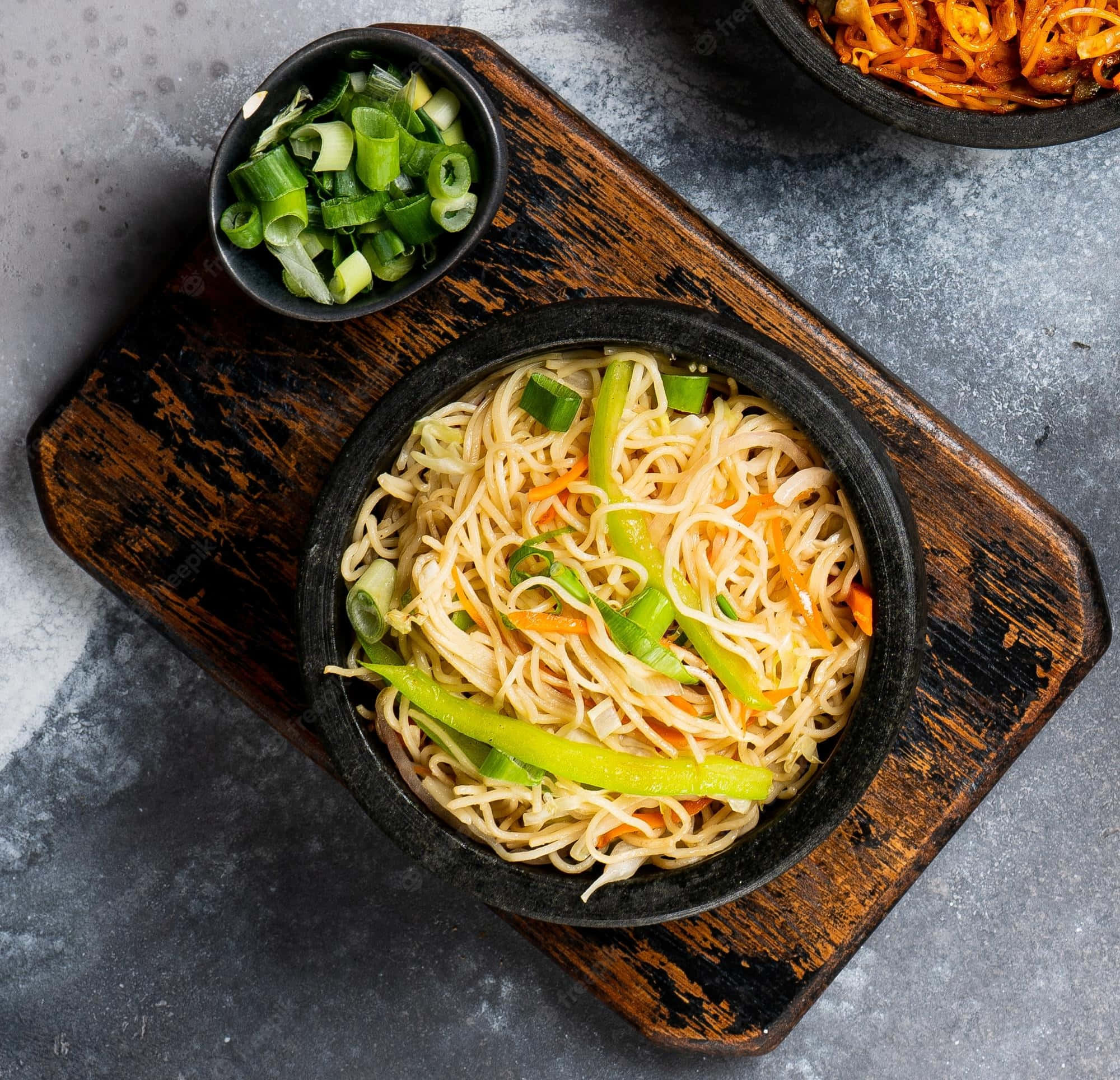 Hakka Noodles, spring onions, rustic wooden board, Full HD Desktop Wallpaper