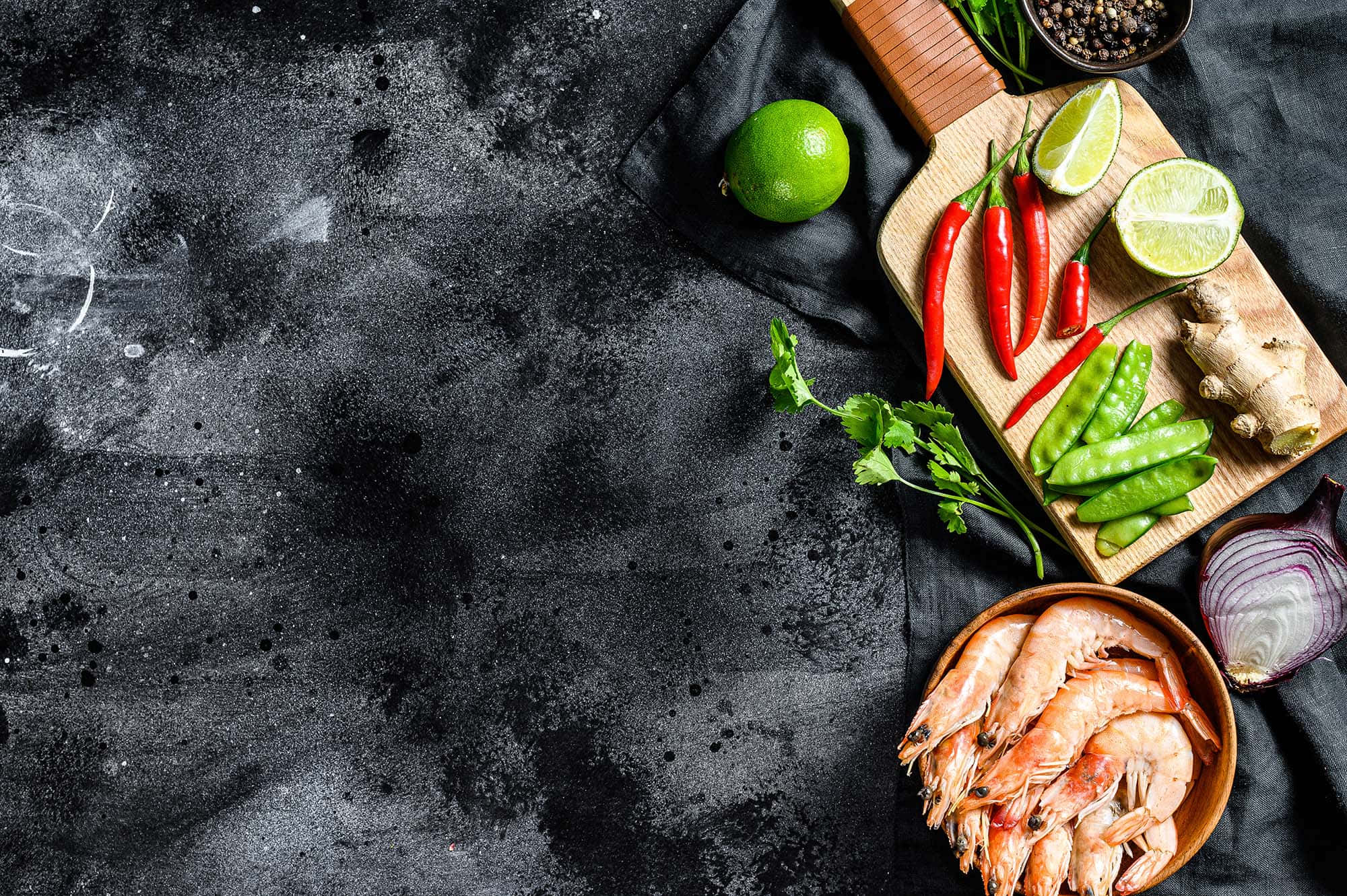 Food Table, shrimp lime chili and ginger, dark textured surface, Full HD Desktop Wallpaper