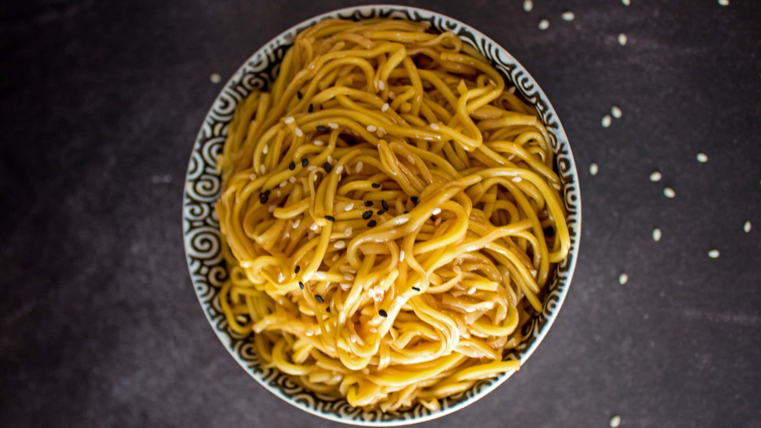 Hibachi Fried Noodles, sesame seeds, patterned bowl, Full HD Desktop Wallpaper