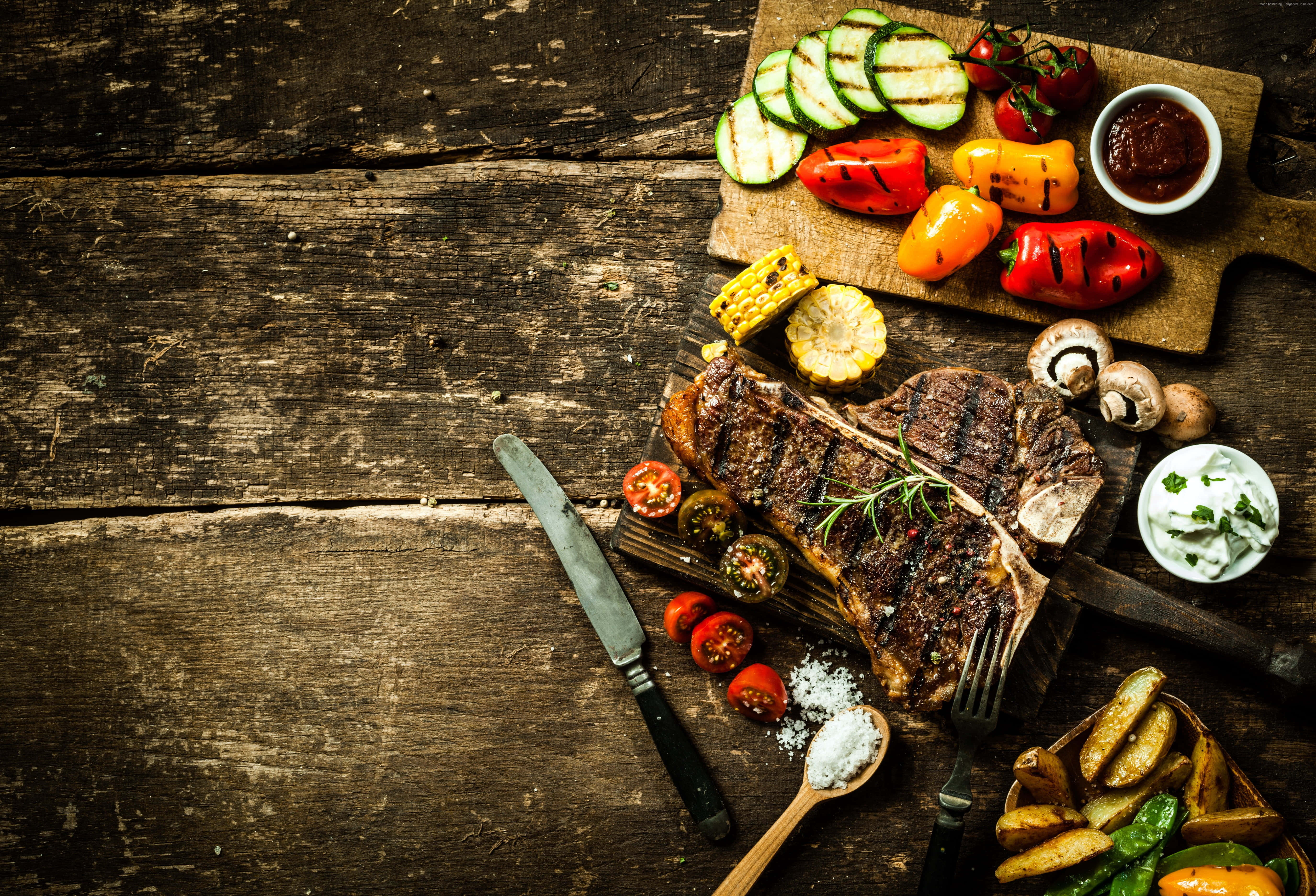 steak, wooden cutting board, grilled steak, 5K Desktop Wallpaper