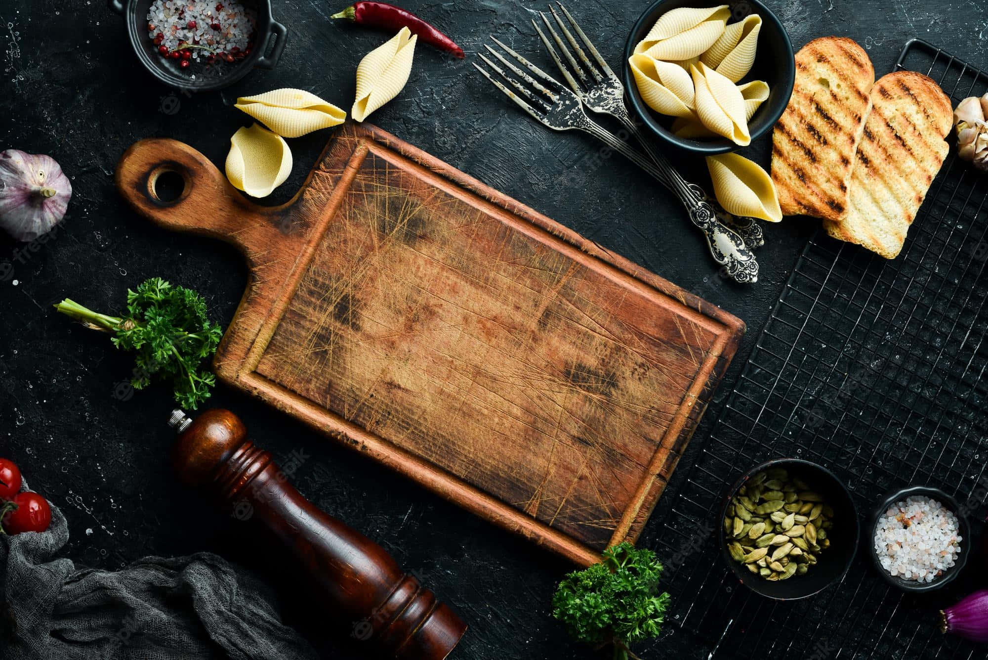 Food Table, rustic wooden cutting board, pasta, Full HD Desktop Wallpaper