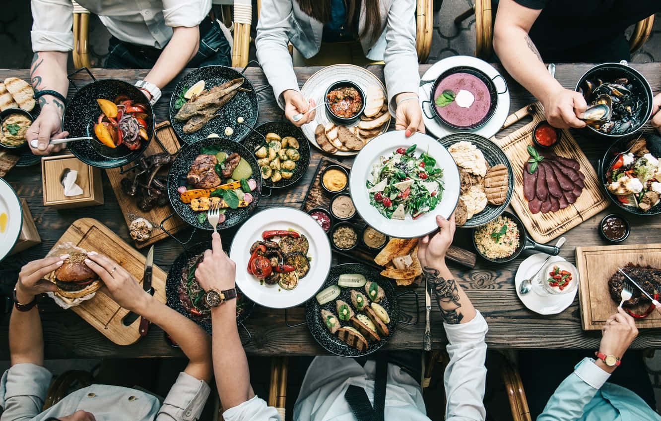 food table, rustic wooden table, gourmet dishes, HD Desktop Wallpaper