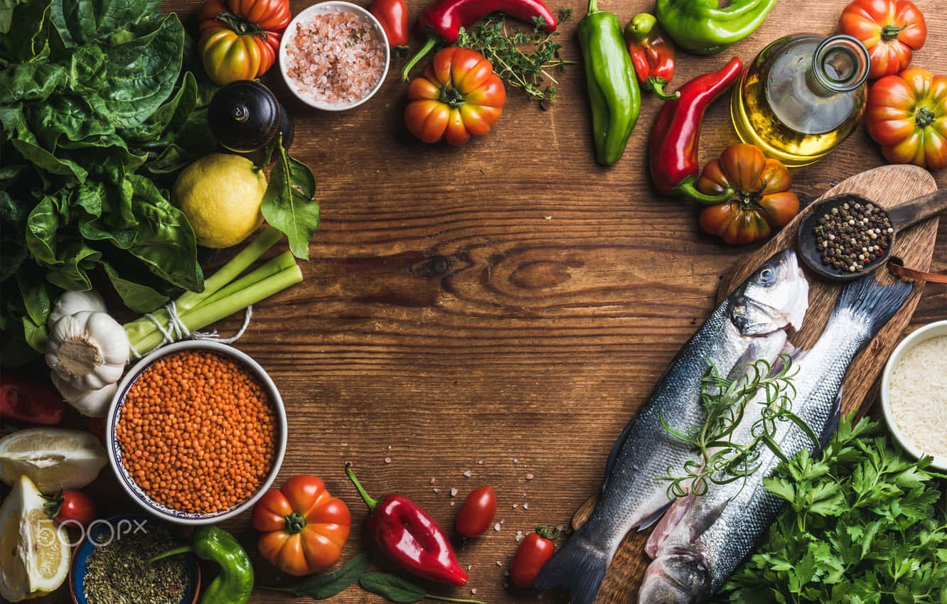 rustic wooden table, fresh vibrant vegetables, herbs, HD Desktop Wallpaper