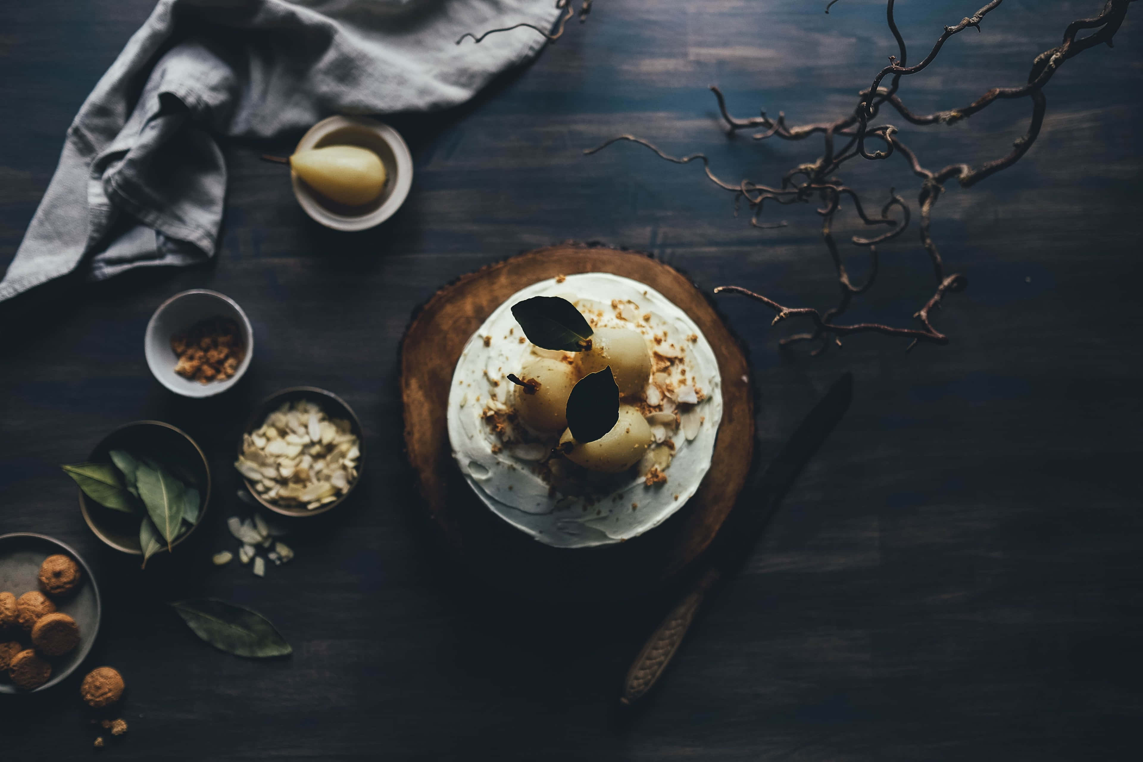 Food Table, pear tart, whipped cream, 4K Desktop Wallpaper