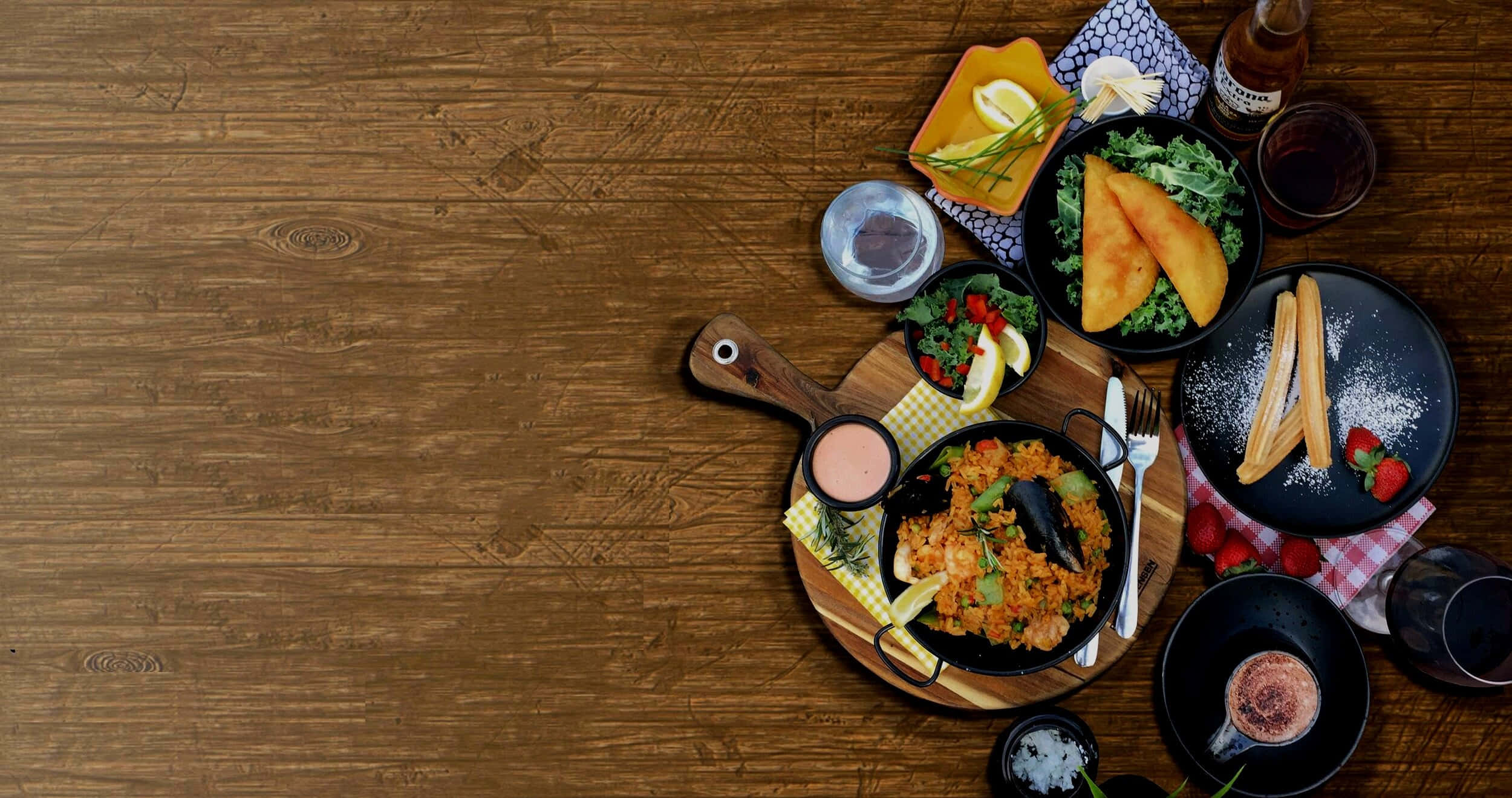 food table, rustic wooden table, paella, Full HD Desktop Wallpaper